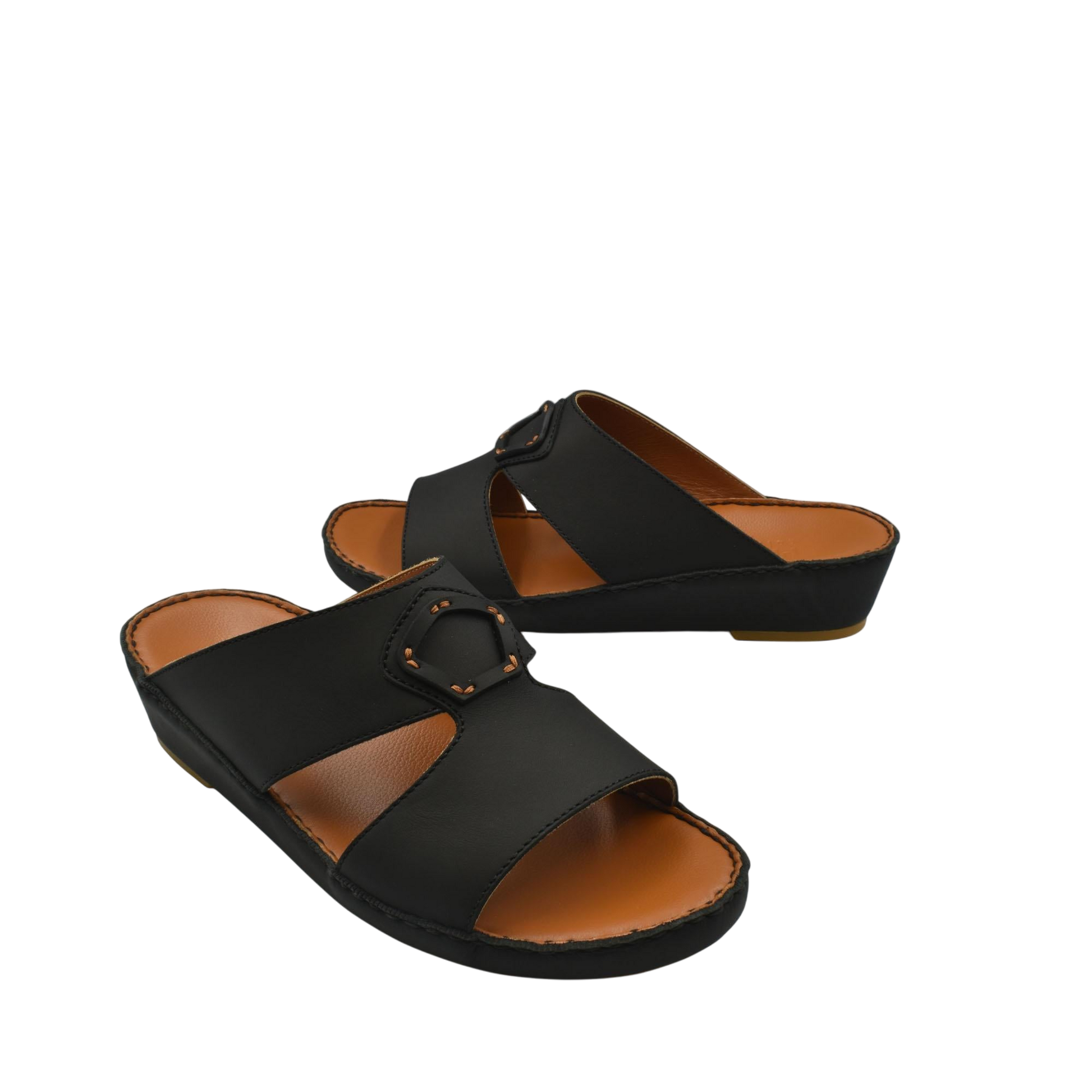 Black comfortable leather slip-on sandals with open toe and adjustable buckle detail