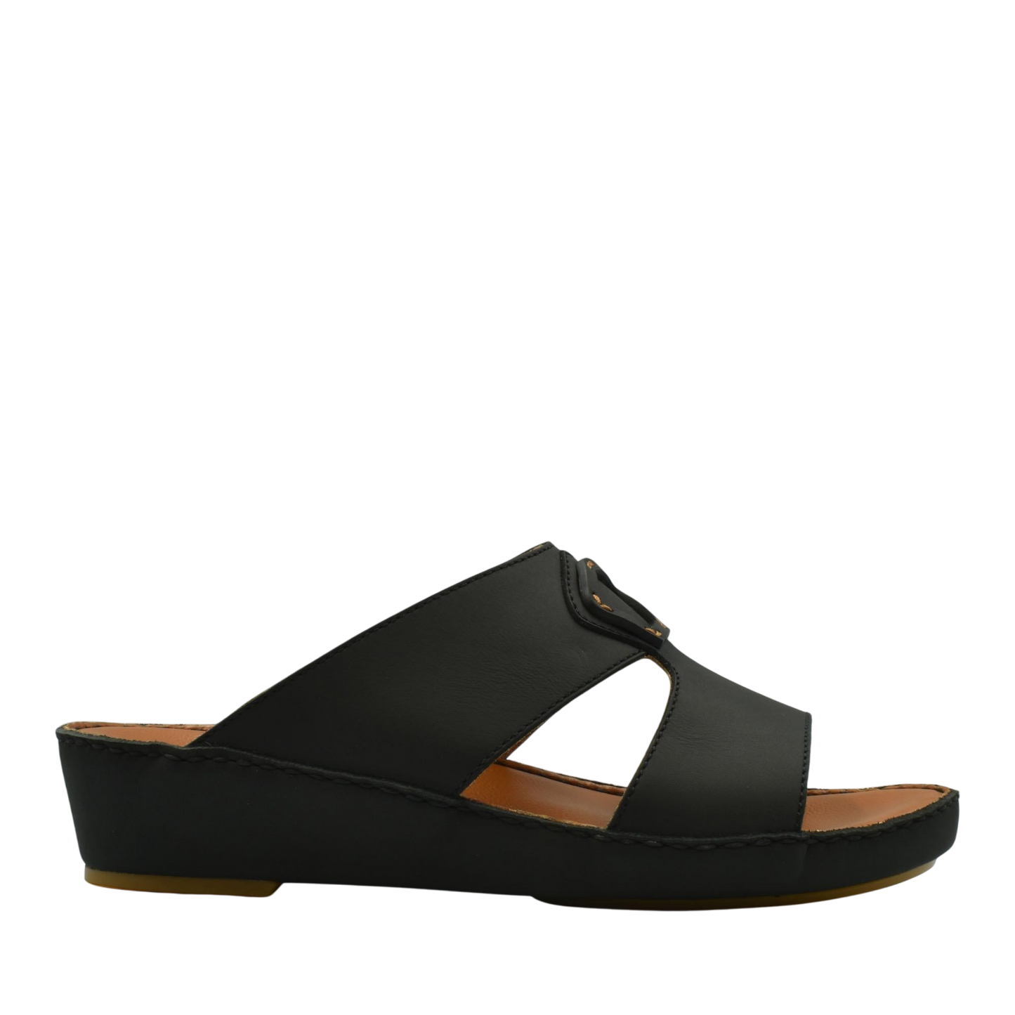 Black comfortable leather slip-on sandals with cushioned sole and open sides from Private Collection