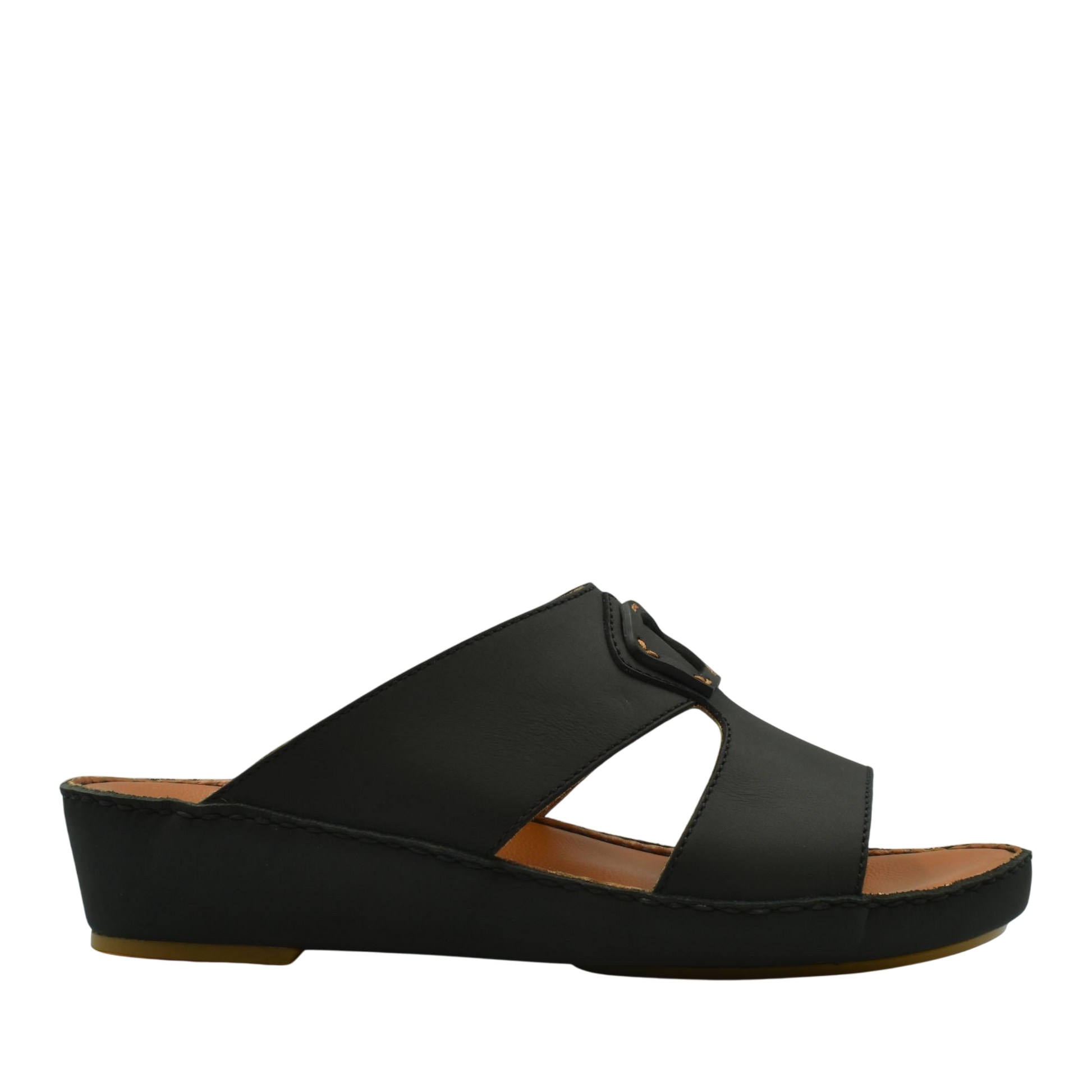 Black comfortable leather slip-on sandals with cushioned sole and open sides from Private Collection
