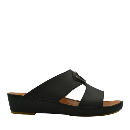 Black comfortable leather slip-on sandals with cushioned sole and open sides from Private Collection
