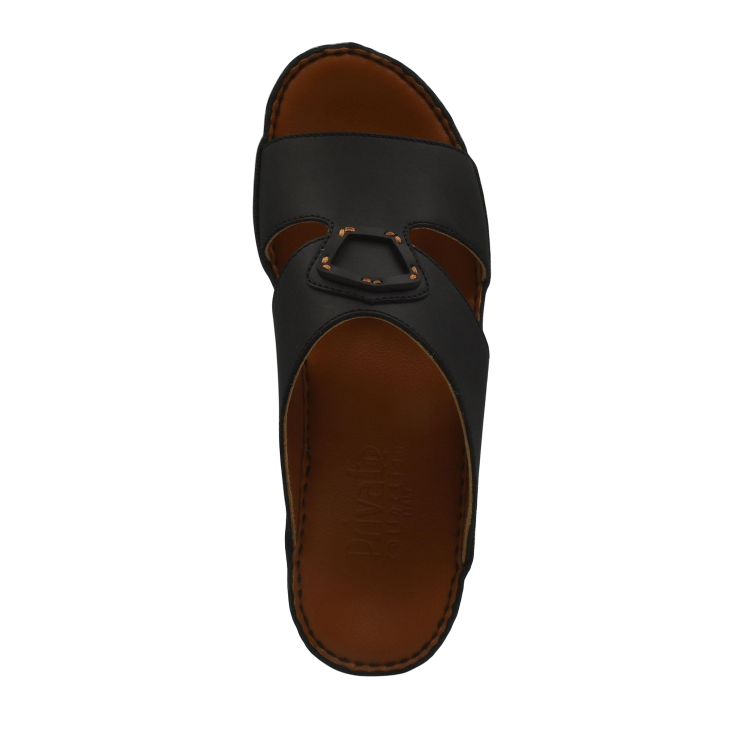 Comfortable leather slip-on sandals in black with brown cushioned sole and open toe design