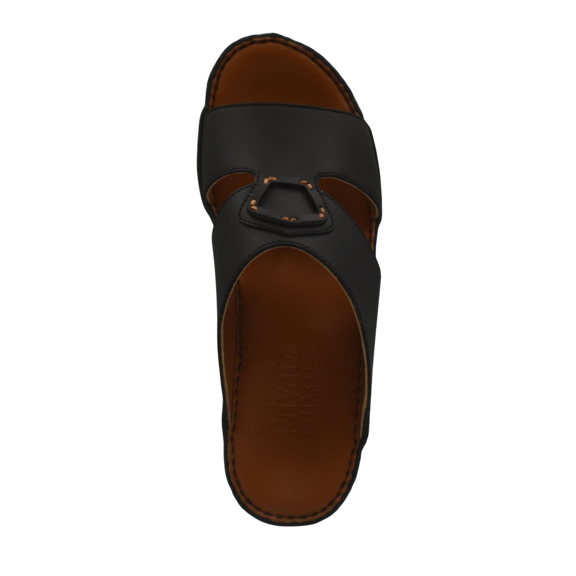 Comfortable leather slip-on sandals in black with brown cushioned sole and open toe design