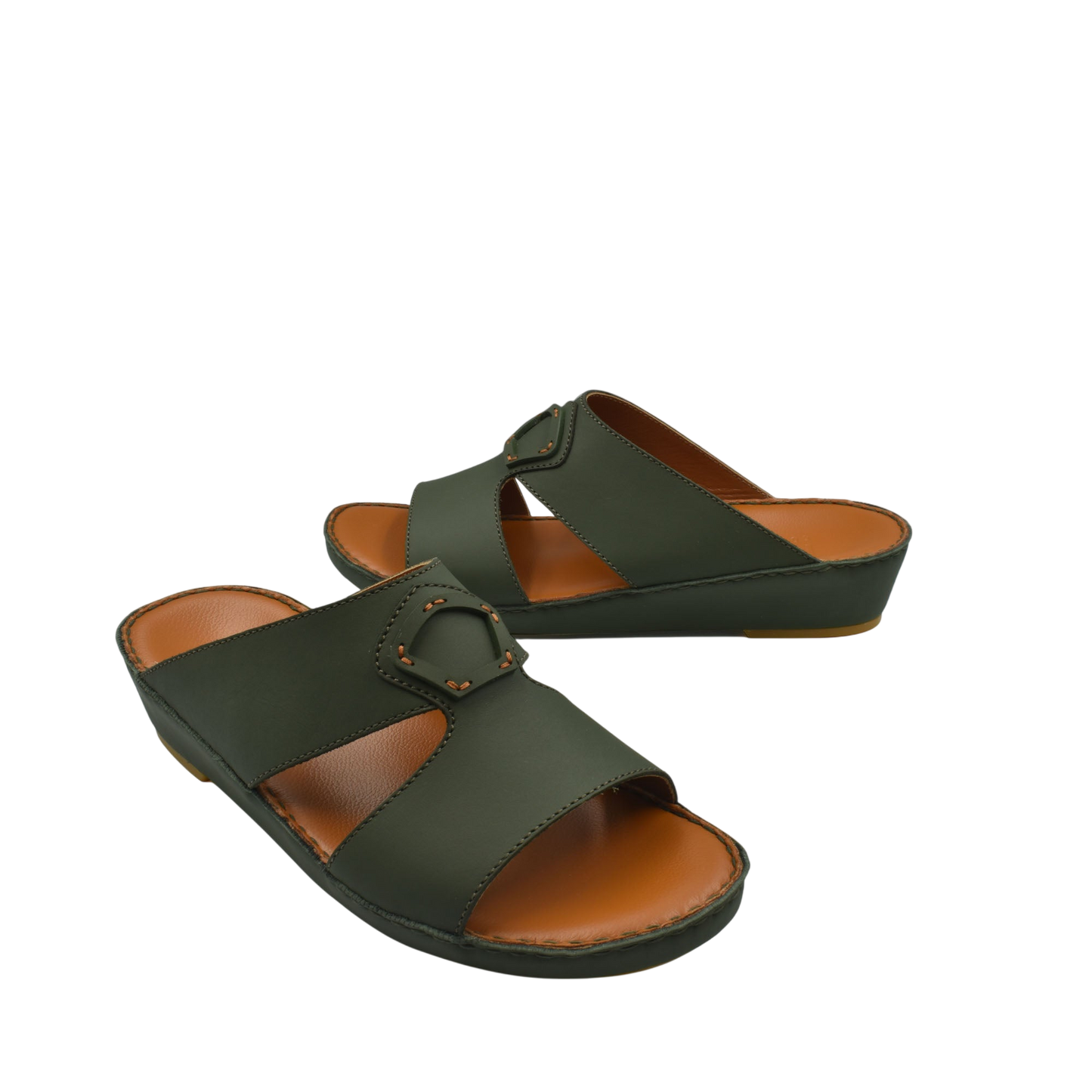 Comfortable leather slip-on sandals in dark green with adjustable buckle and cushioned footbed