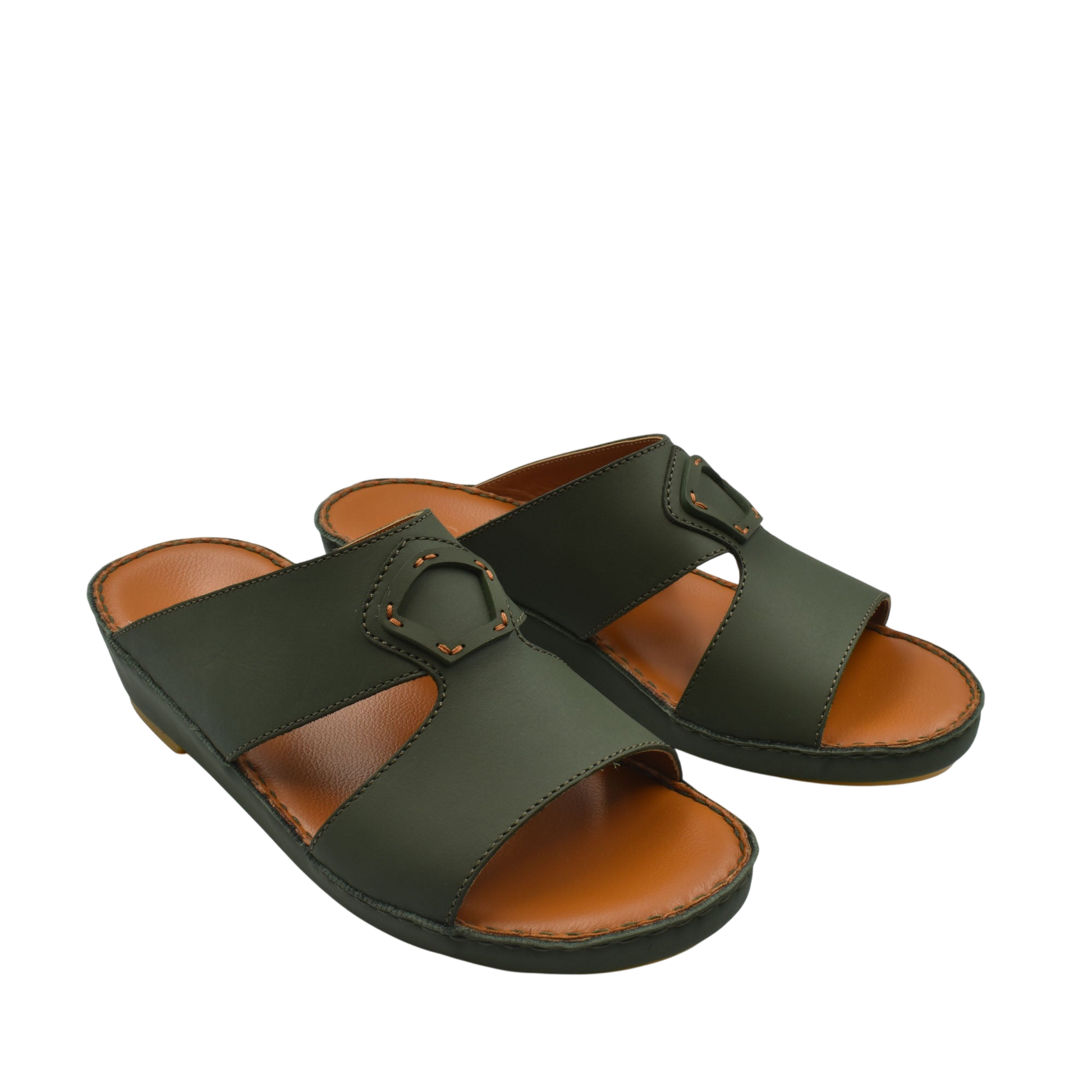 Comfortable leather slip-on sandals in black with cushioned brown footbed and adjustable buckle