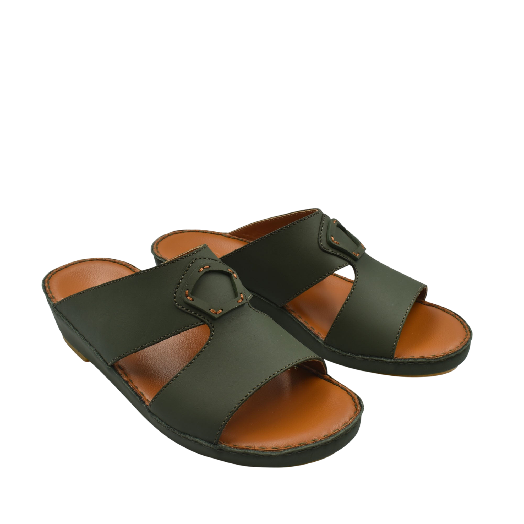 Comfortable leather slip-on sandals in black with cushioned brown footbed and adjustable buckle