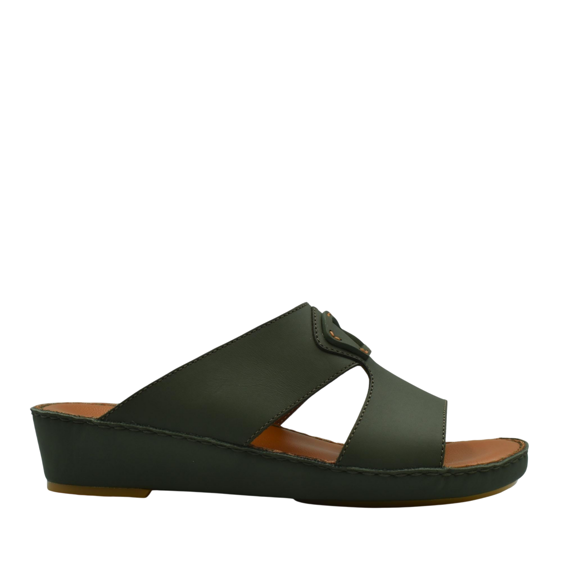 Comfortable leather slip-on sandals in dark green with cushioned sole and open toe design