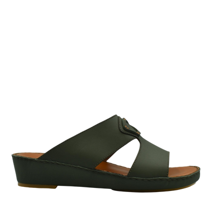 Comfortable leather slip-on sandals in dark green with cushioned sole and open toe design