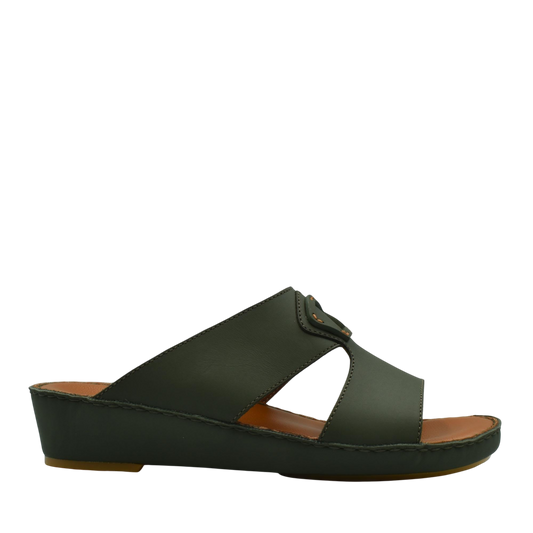 Comfortable leather slip-on sandals in dark green with cushioned sole and open toe design