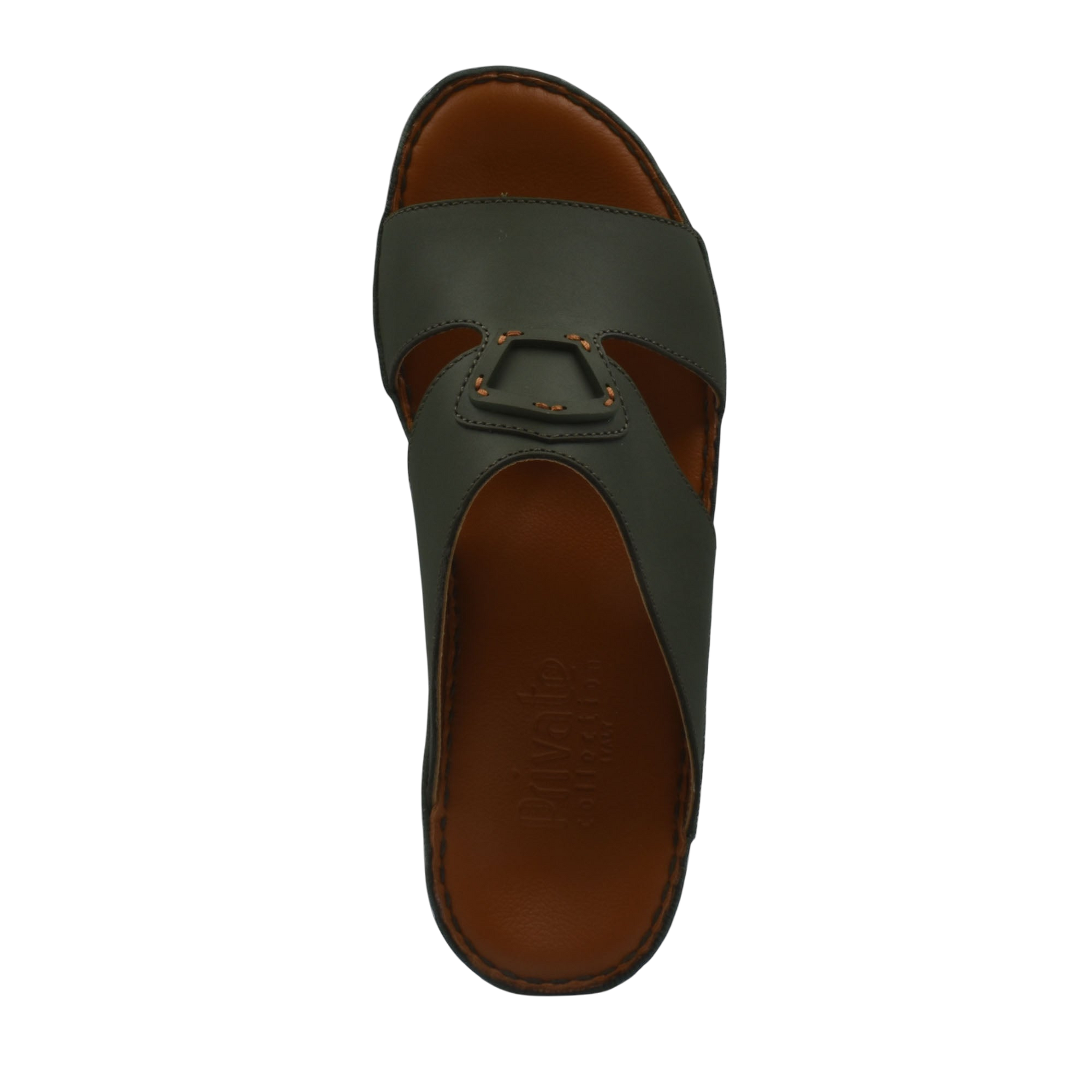 Comfortable leather slip-on sandals in dark green with brown cushioned footbed and open toe design