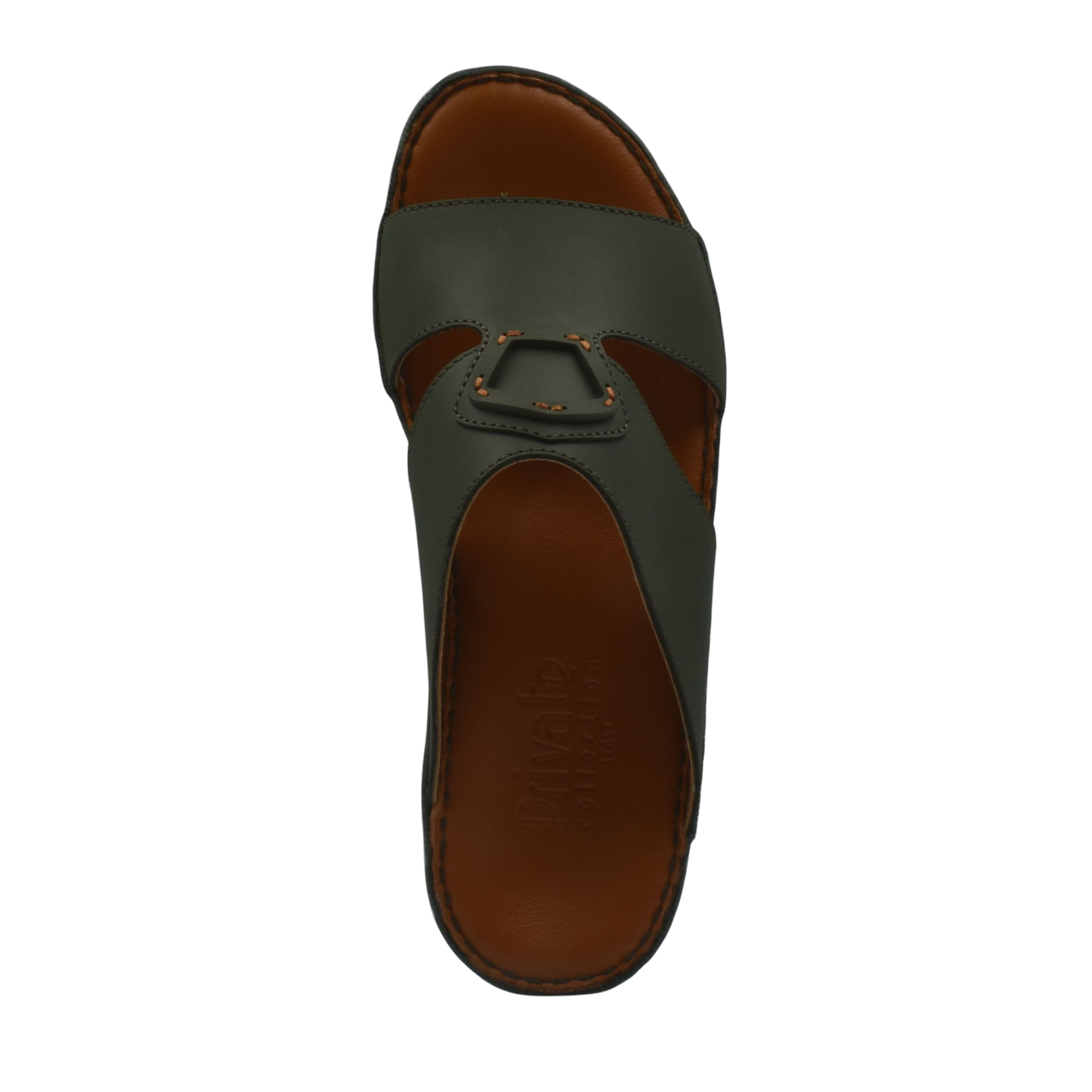 Comfortable leather slip-on sandals in dark green with brown cushioned footbed and open toe design
