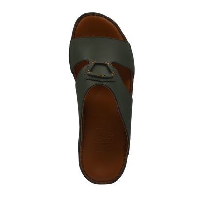 Comfortable leather slip-on sandals in dark green with brown cushioned footbed and open toe design