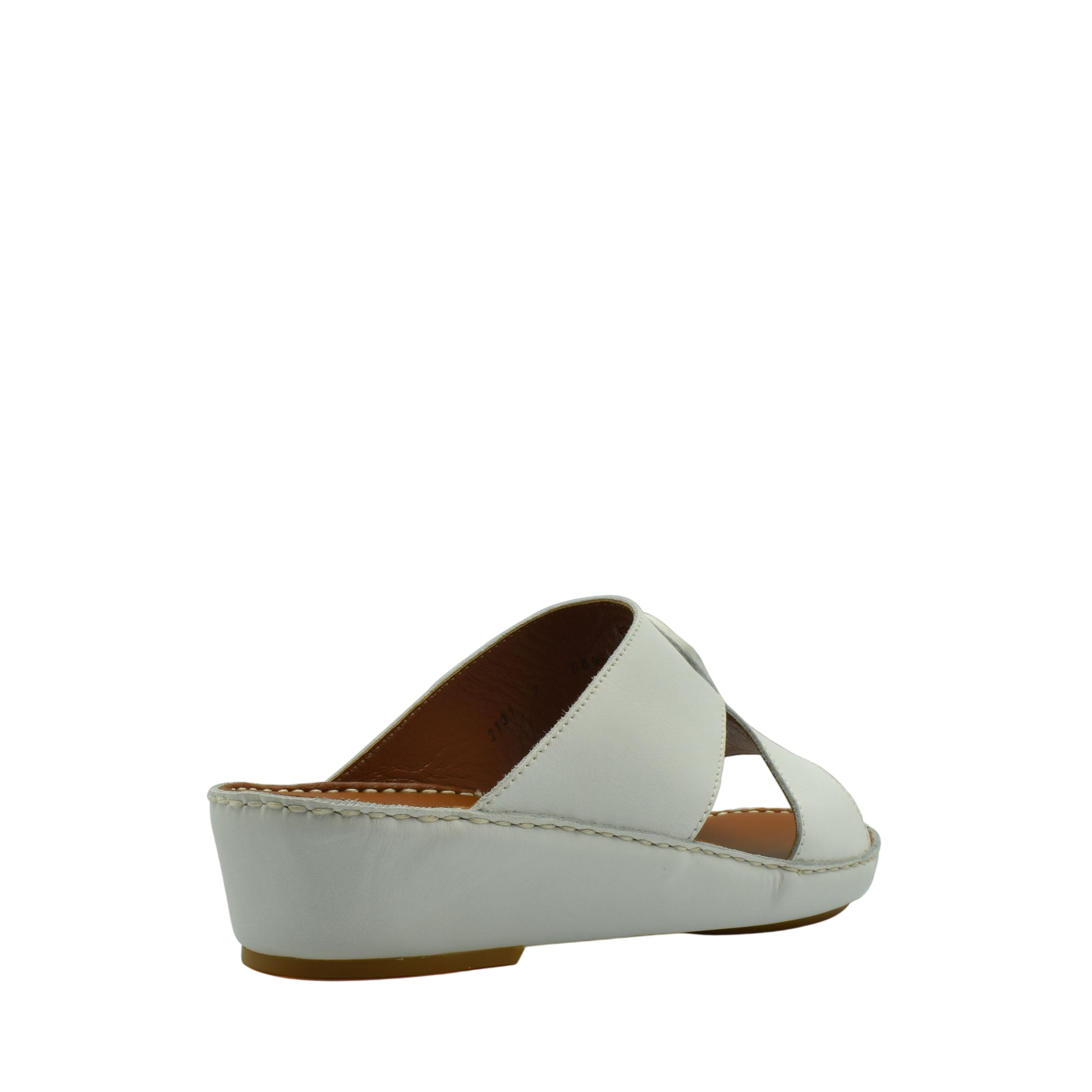 White comfortable leather slip-on sandals with a low wedge heel and cushioned insole