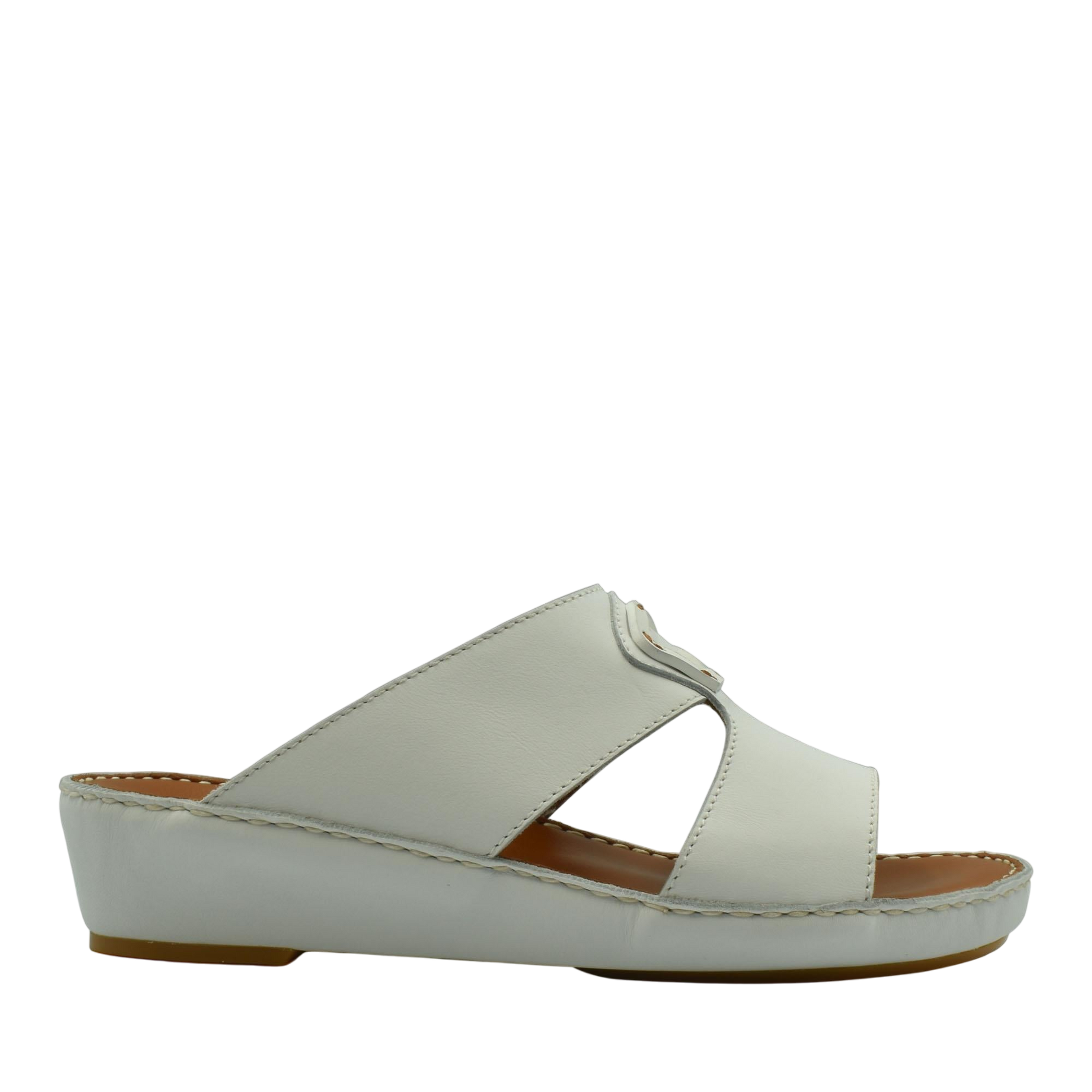 White comfortable leather slip-on sandals with open toe and cushioned sole for casual wear