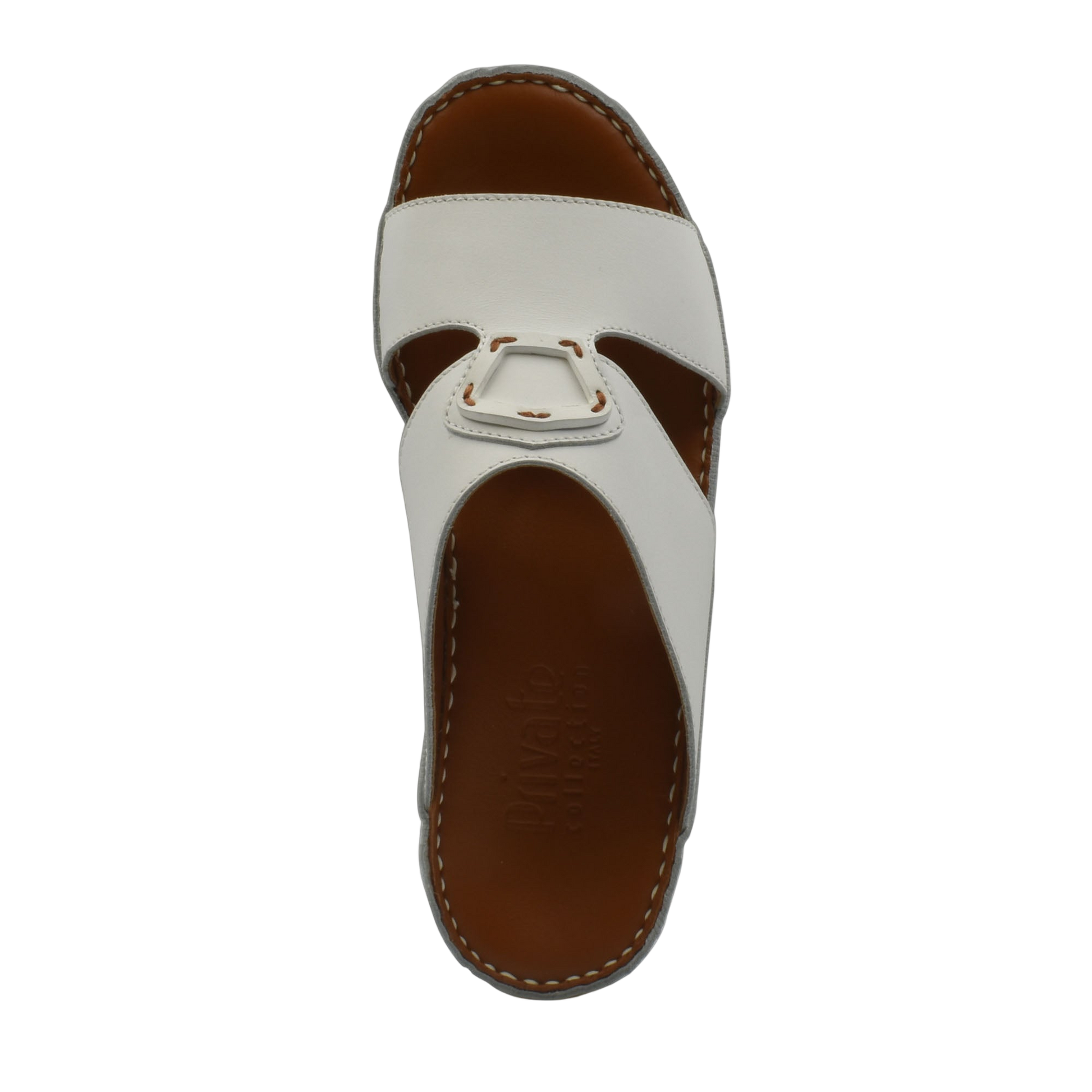 White comfortable leather slip-on sandals with stitched brown sole from Private collection