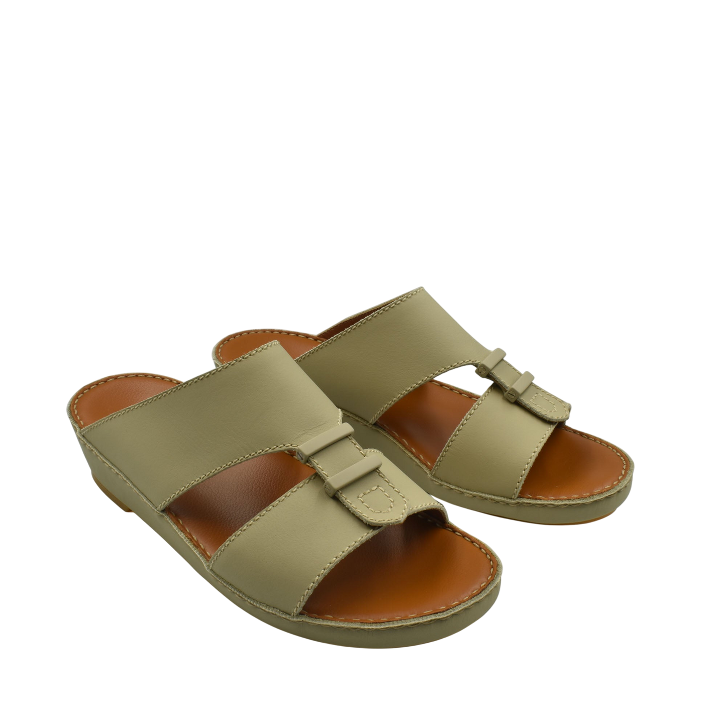 Comfortable rubber sandals in olive green with cushioned brown footbed and adjustable straps