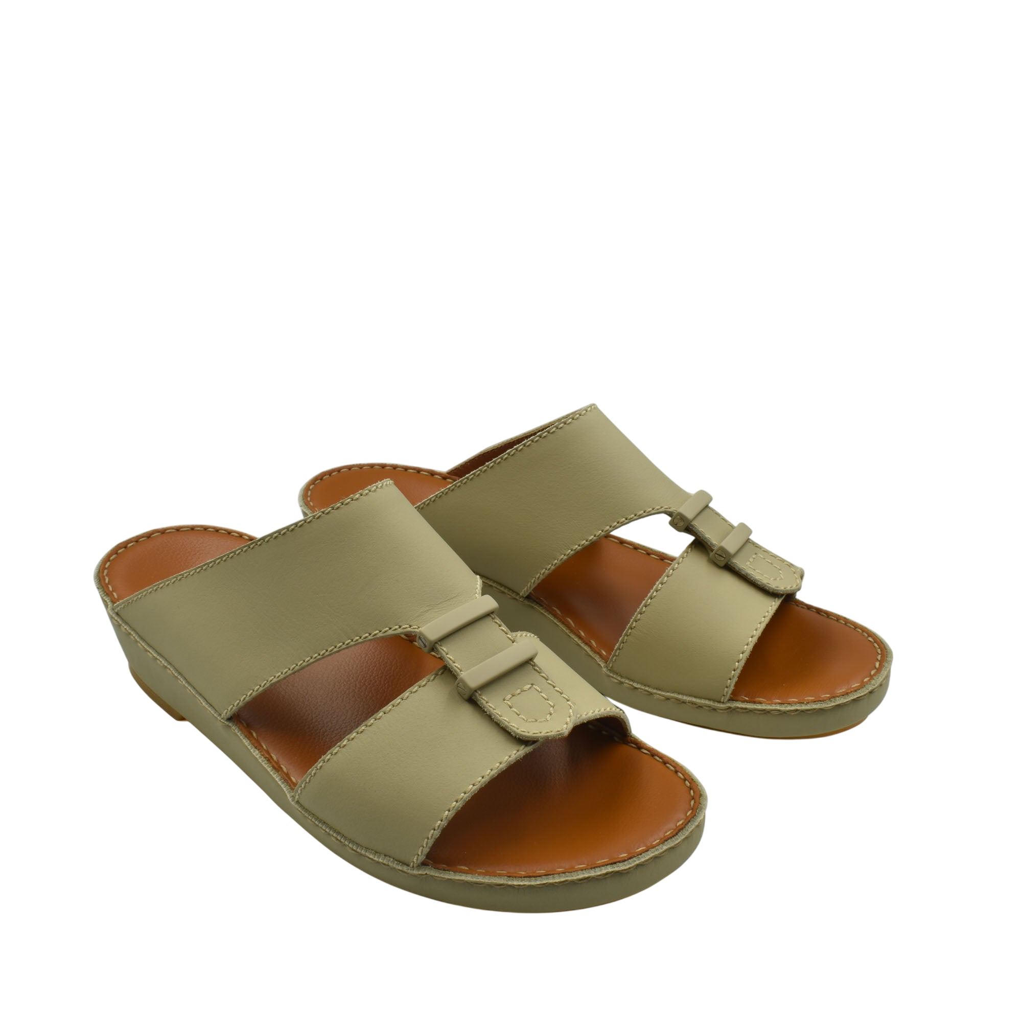 Comfortable rubber sandals in olive green with cushioned brown footbed and adjustable straps