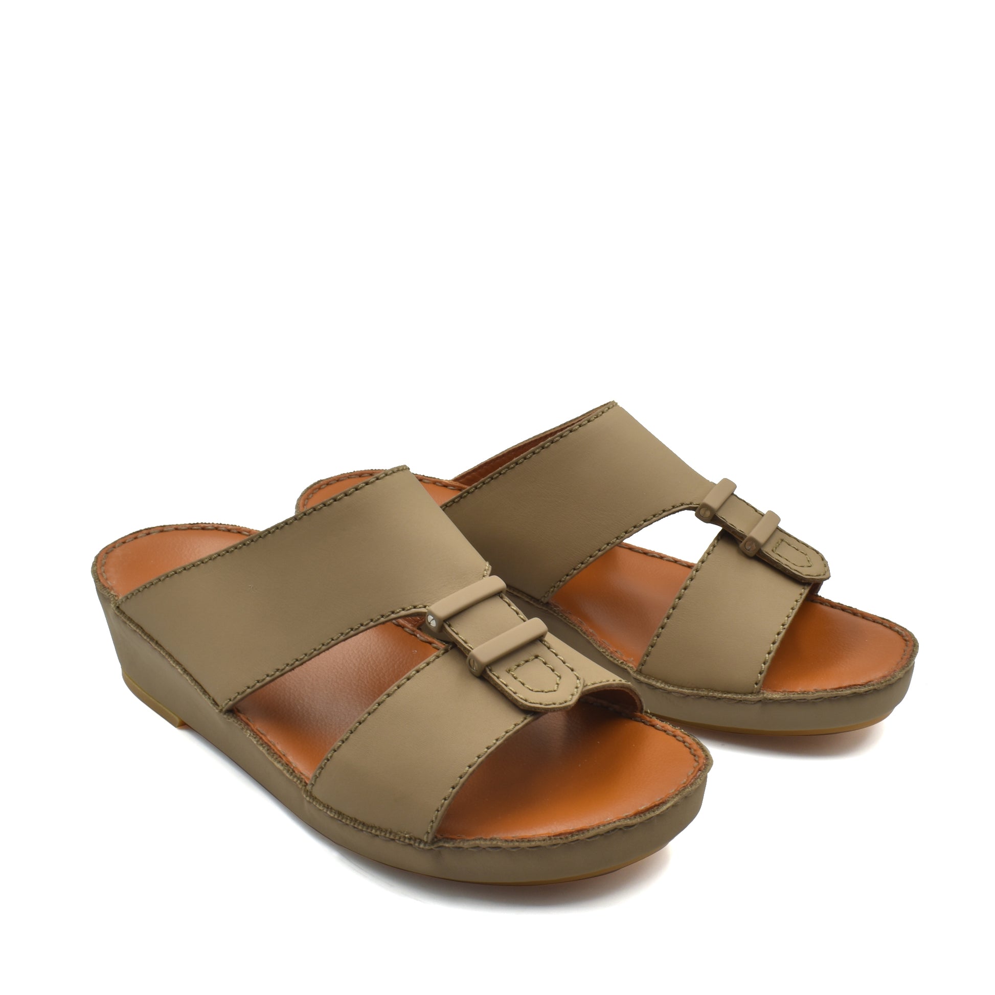 Pair of comfortable rubber sandals in olive green with adjustable straps and cushioned footbed