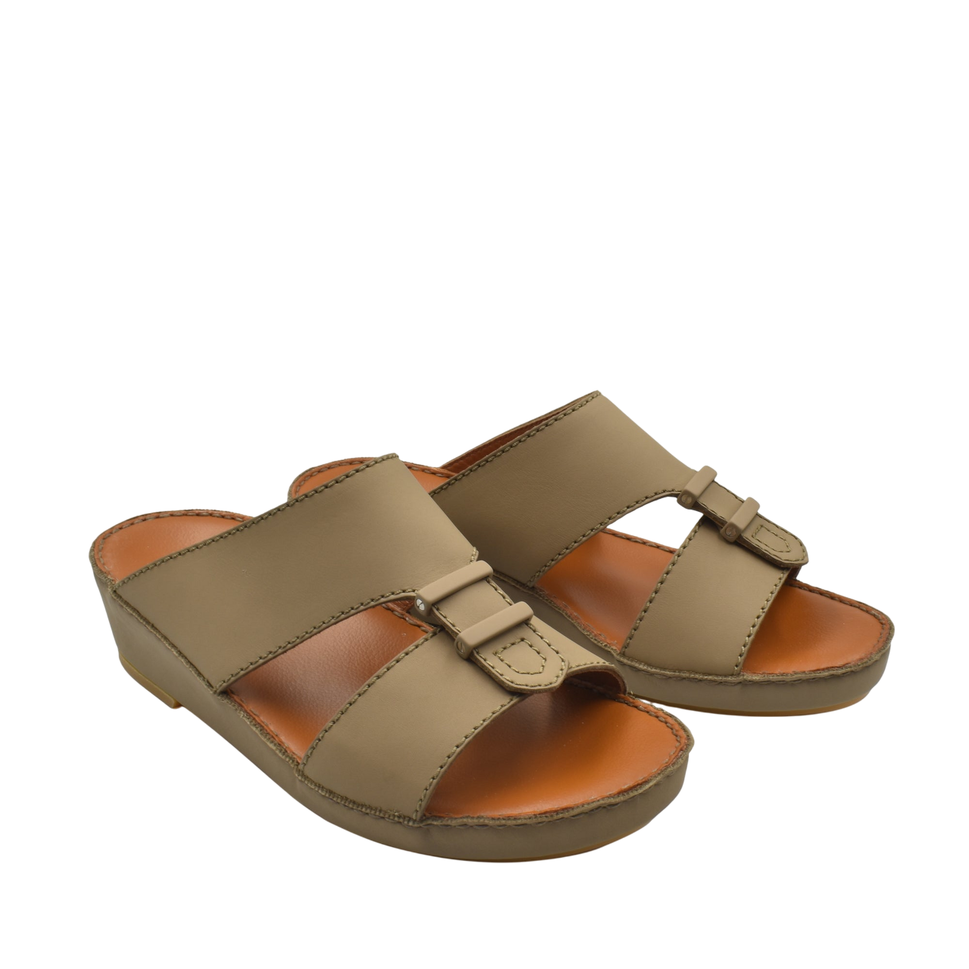 Pair of comfortable rubber sandals in olive green with adjustable straps and cushioned footbed