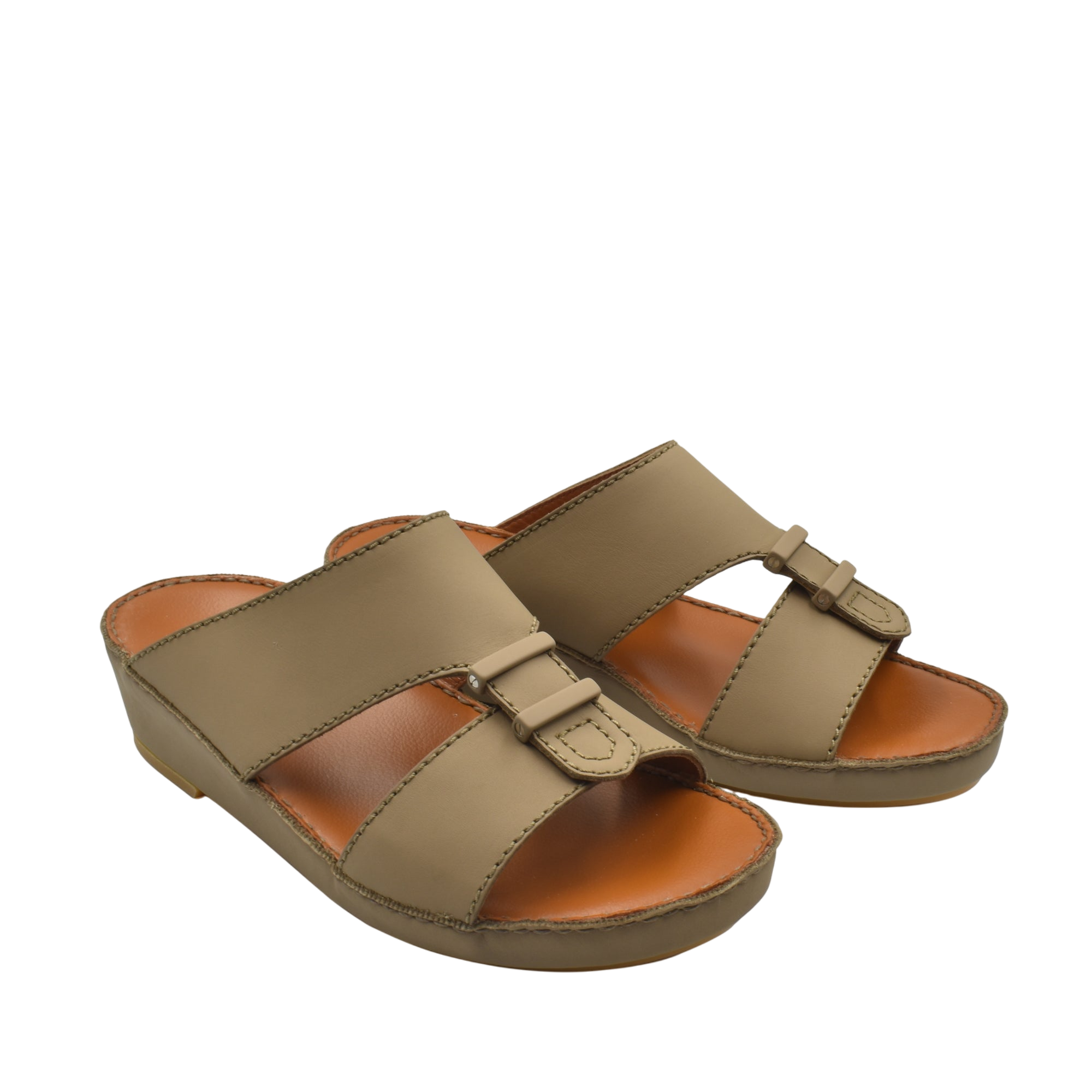 Pair of comfortable rubber sandals in olive green with adjustable straps and cushioned footbed