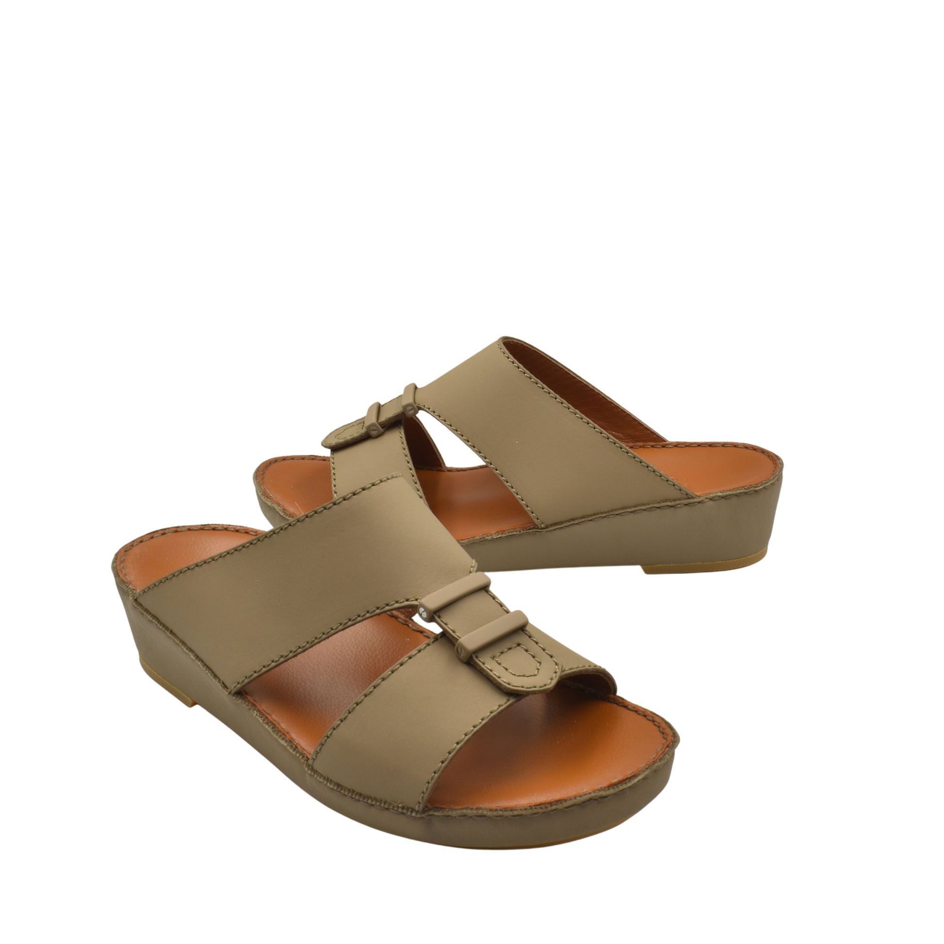 Pair of beige comfortable rubber sandals with adjustable straps and cushioned soles