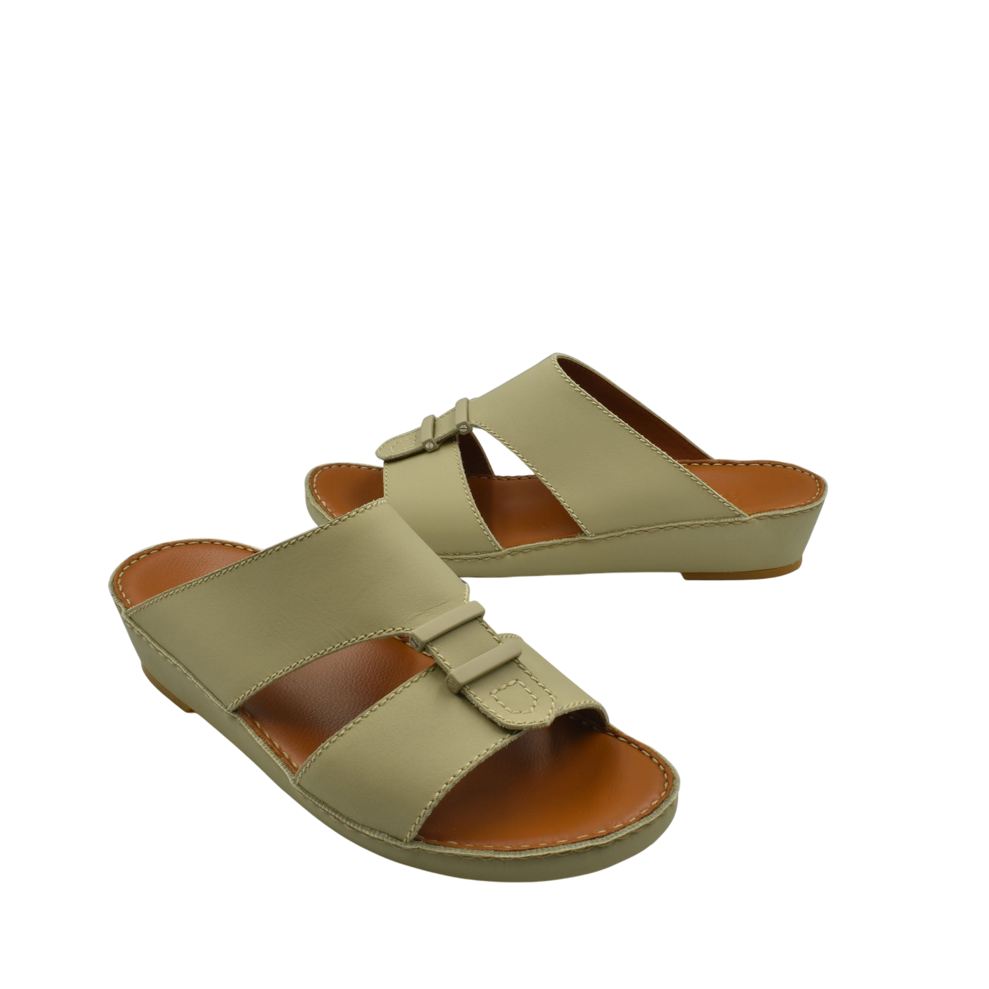 Beige comfortable rubber sandals with wide straps and cushioned footbed for everyday wear