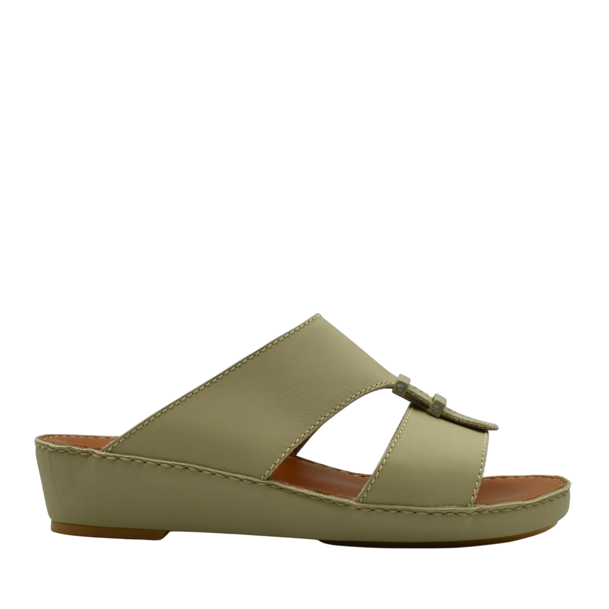 Side view of comfortable rubber sandals in olive green with slip-on design and cushioned sole