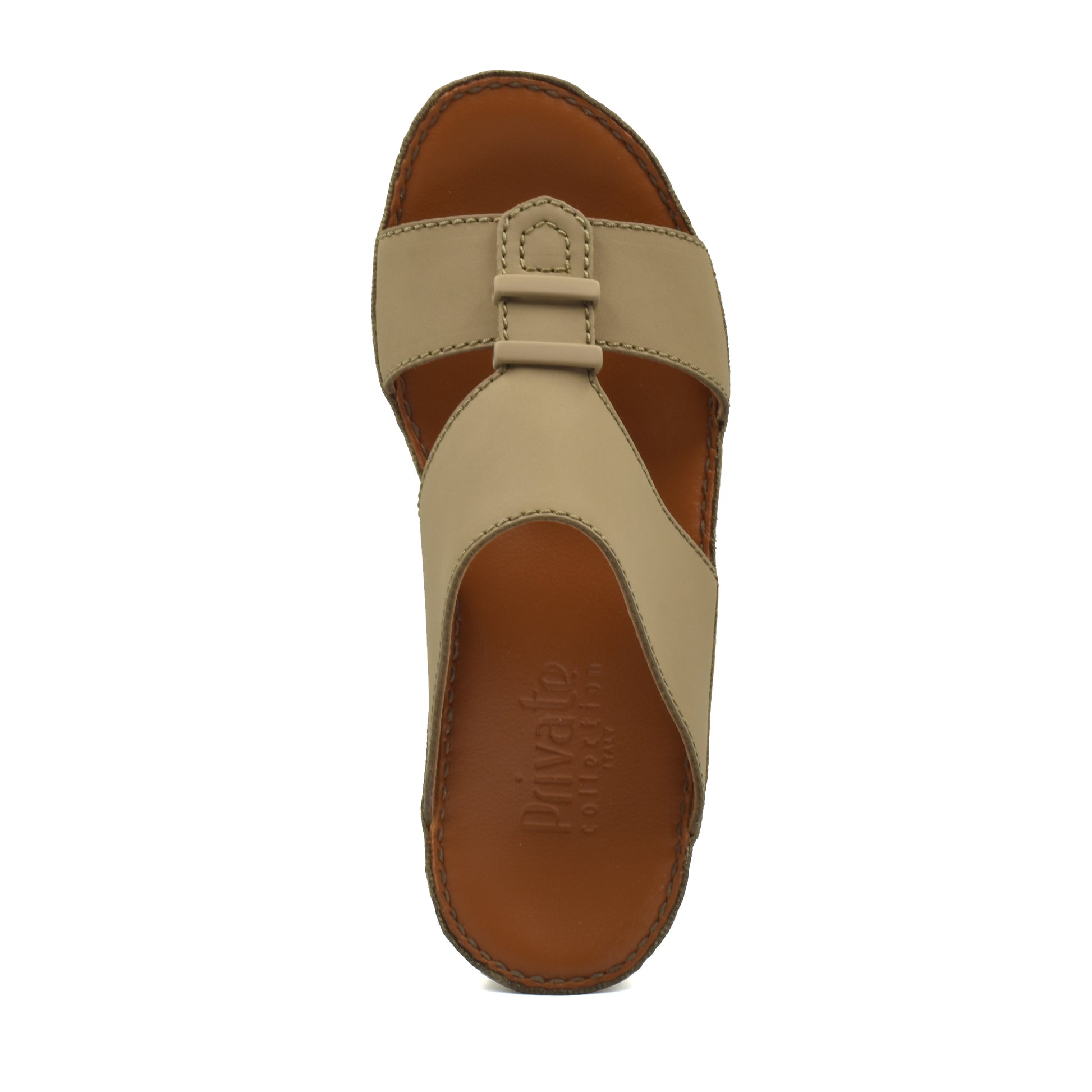 Top view of beige comfortable rubber sandals with a wide strap and cushioned sole