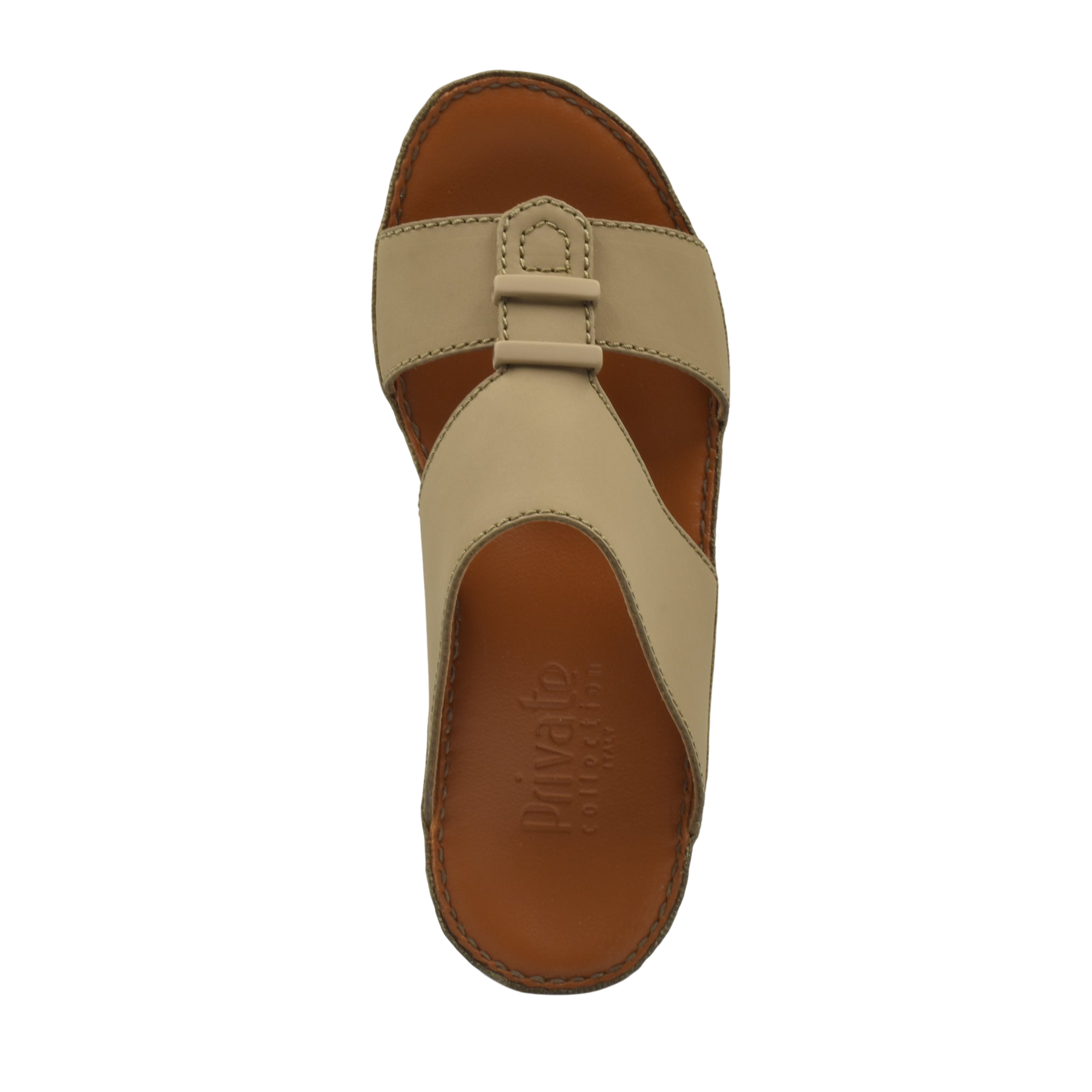 Top view of beige comfortable rubber sandals with a wide strap and cushioned sole
