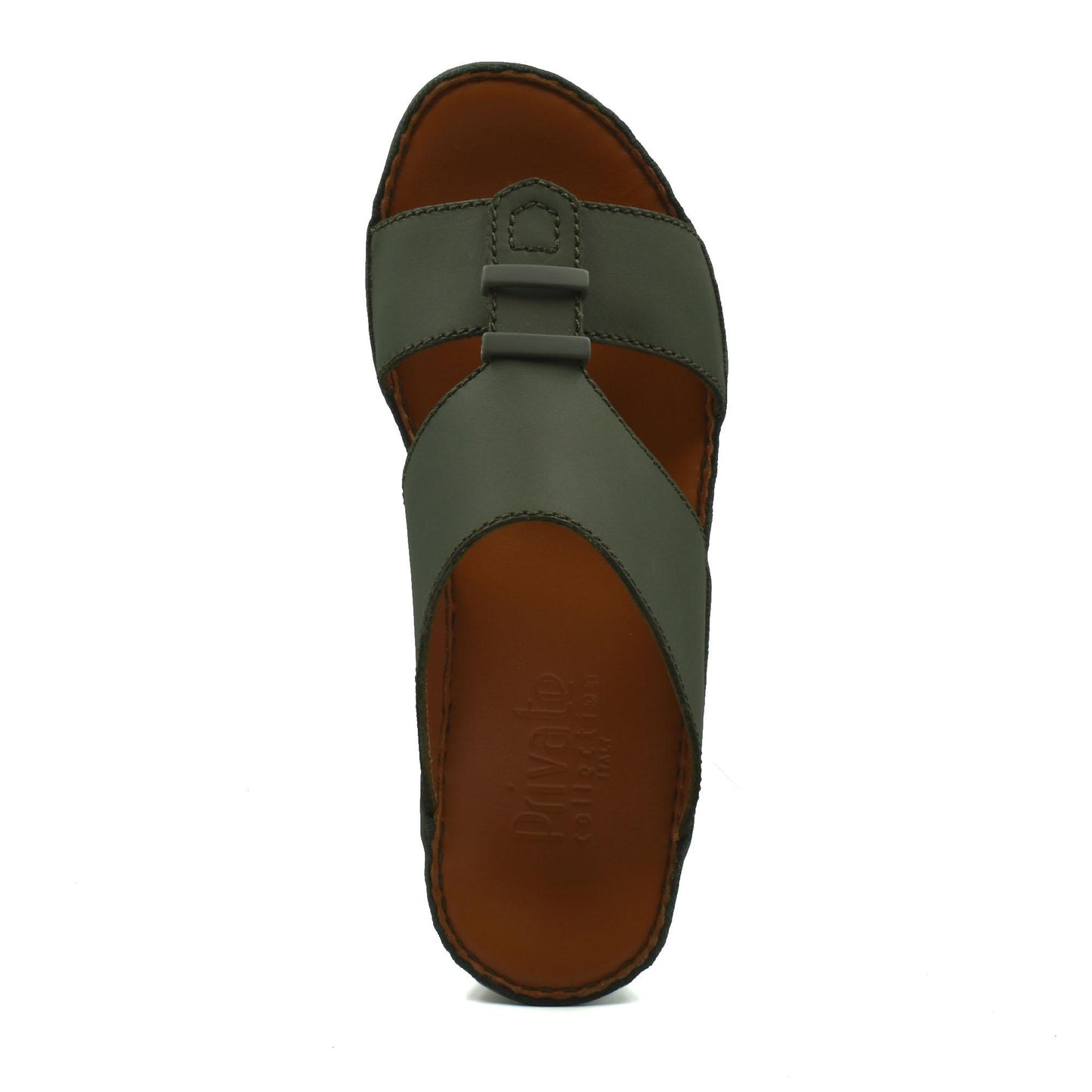 Top view of comfortable rubber sandals with green straps and brown footbed from private collection