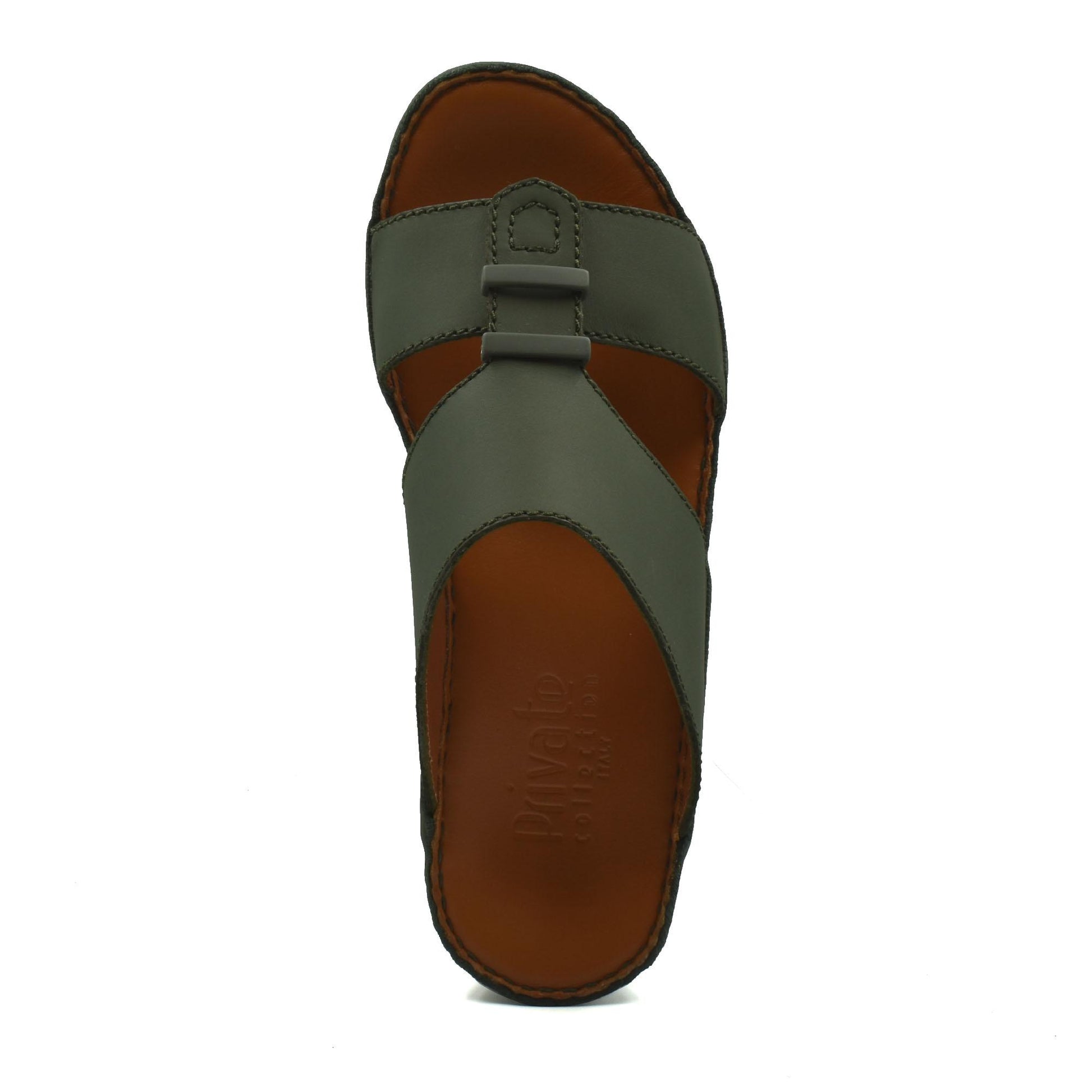 Top view of comfortable rubber sandals with green straps and brown footbed from private collection
