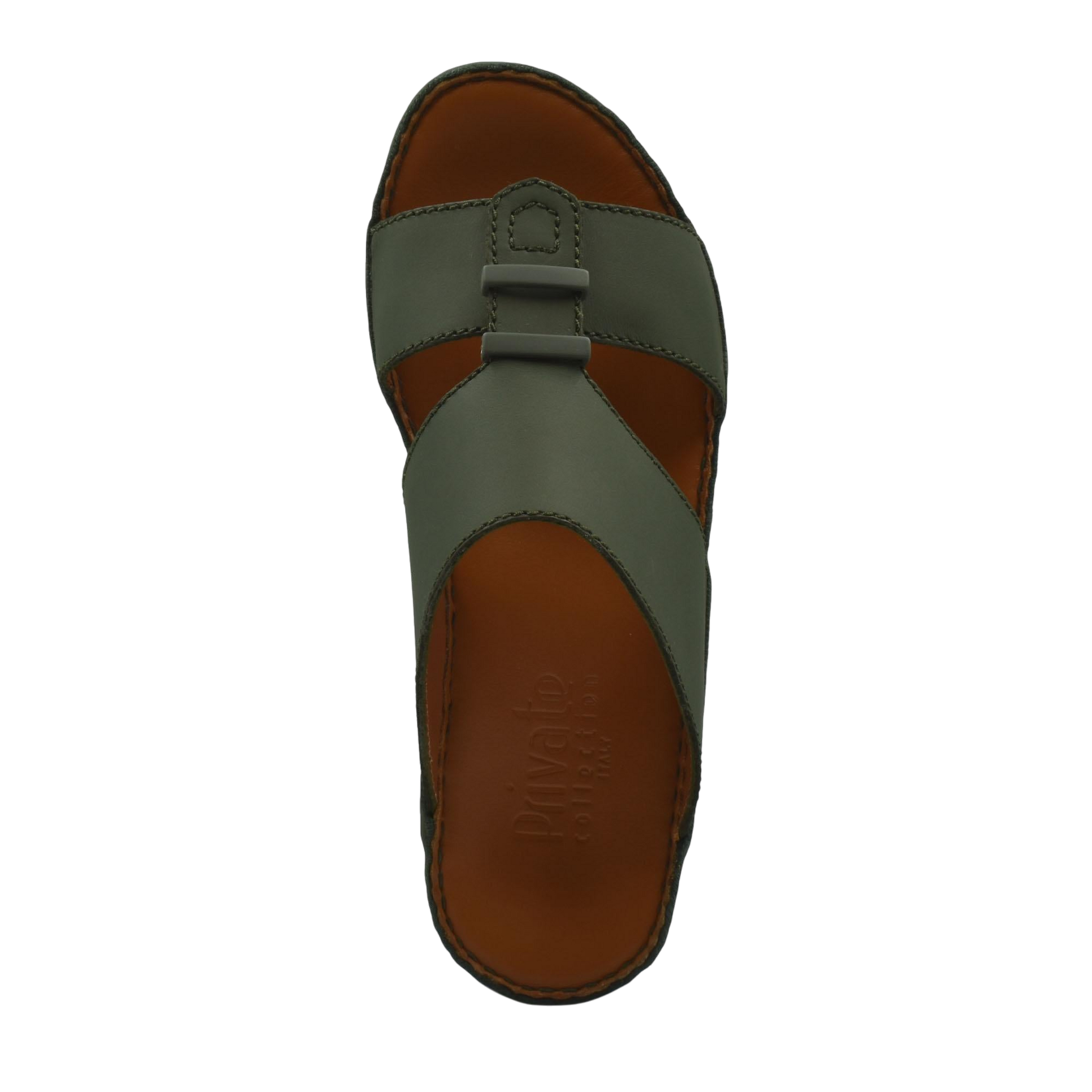 Top view of comfortable rubber sandals with green straps and brown footbed from private collection
