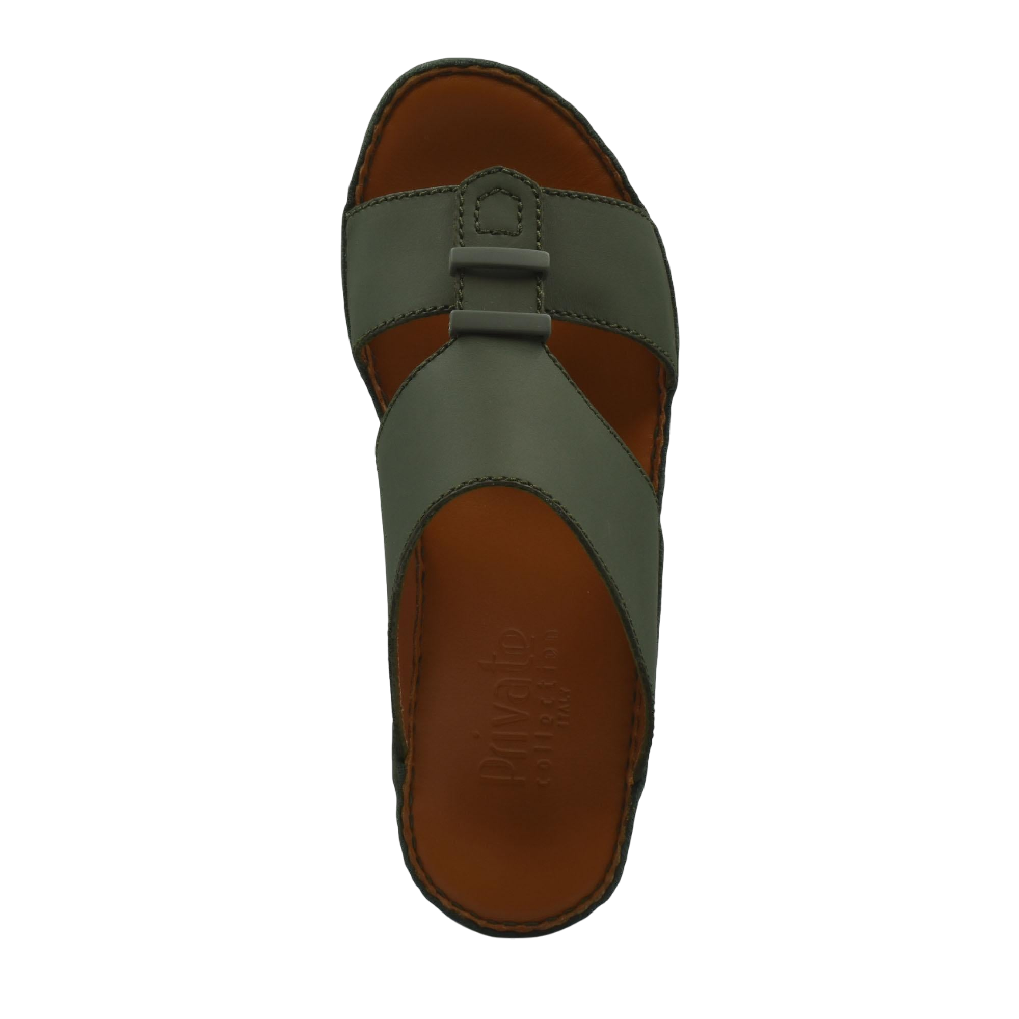 Top view of comfortable rubber sandals with green straps and brown footbed from private collection
