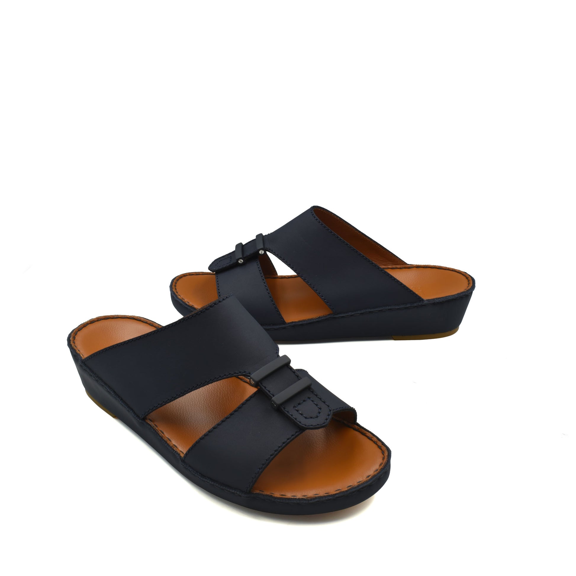 Black comfortable rubber sandals with adjustable straps and cushioned brown footbed for everyday wear