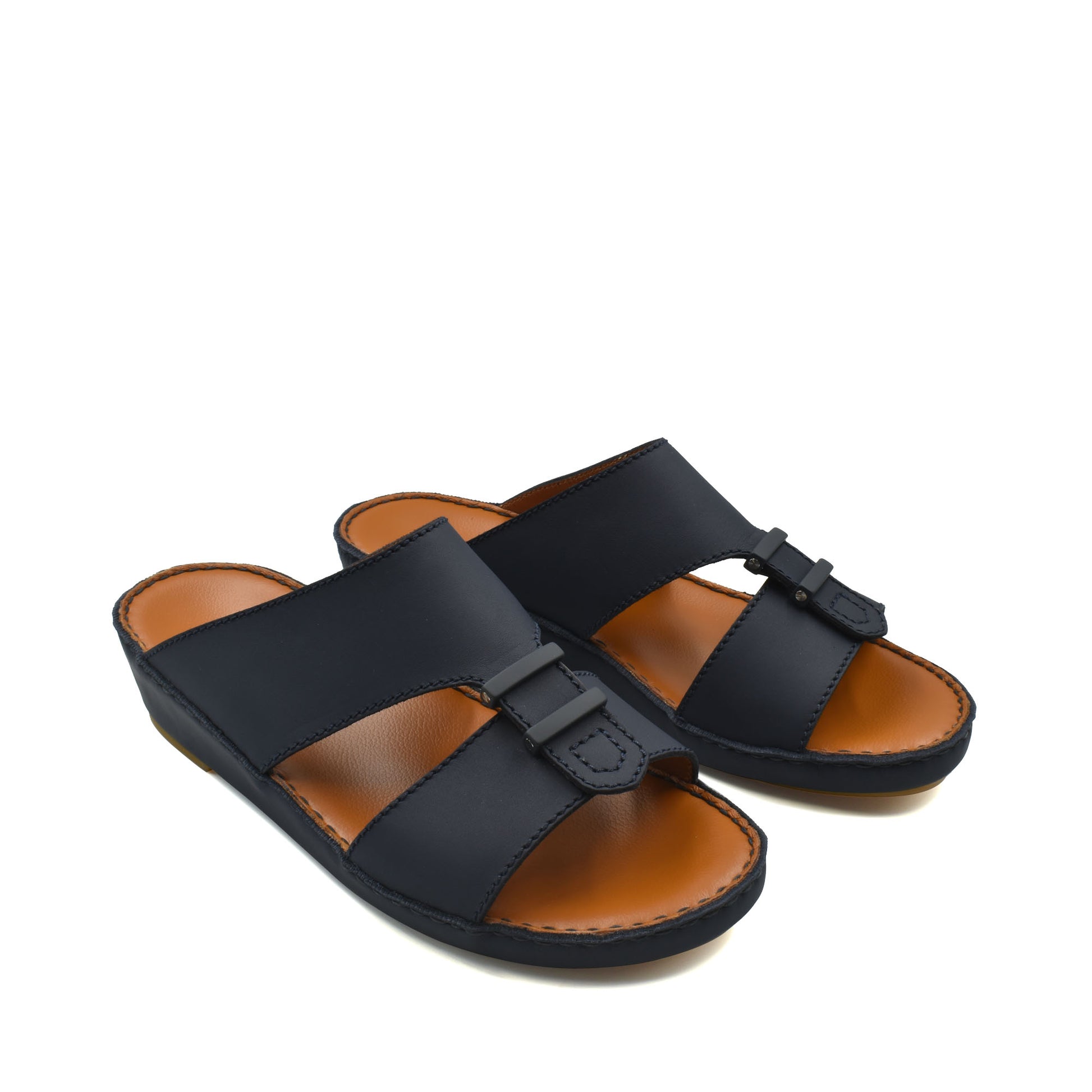 Black comfortable rubber sandals with adjustable strap and cushioned brown footbed