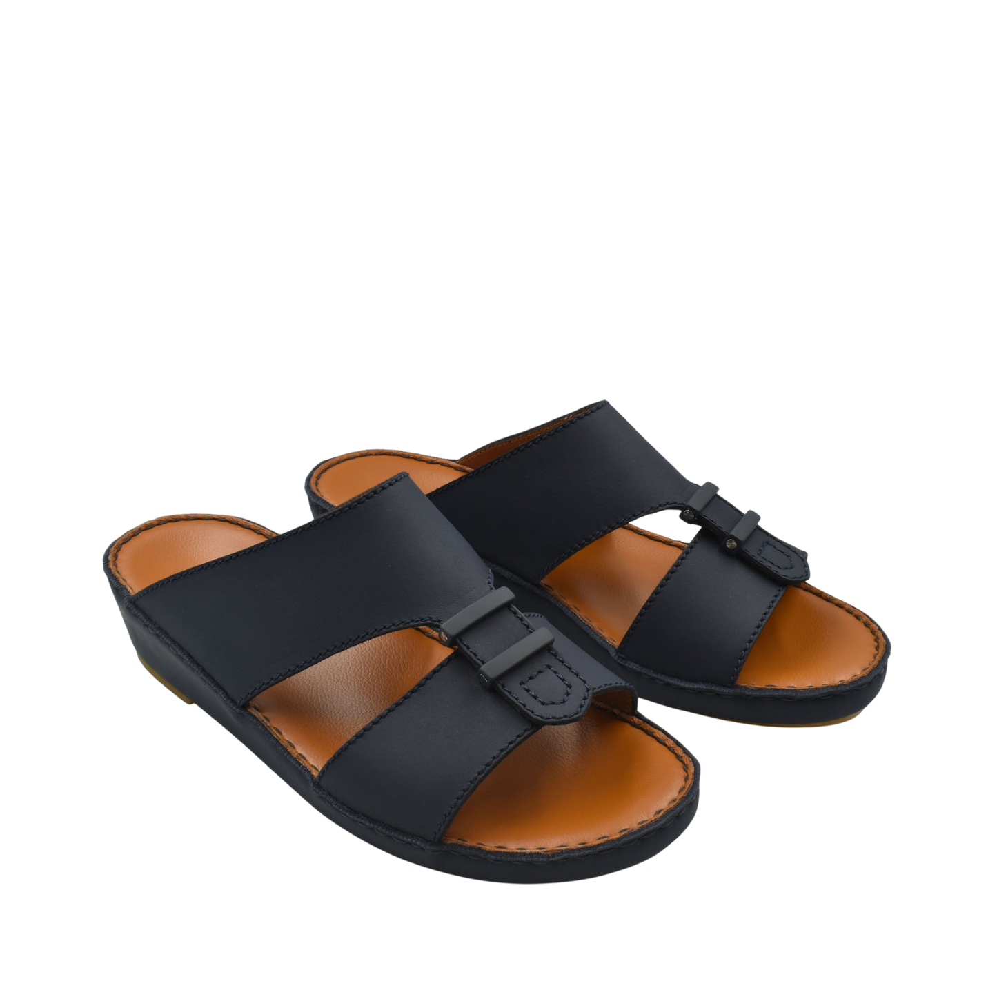 Black comfortable rubber sandals with adjustable strap and cushioned brown footbed