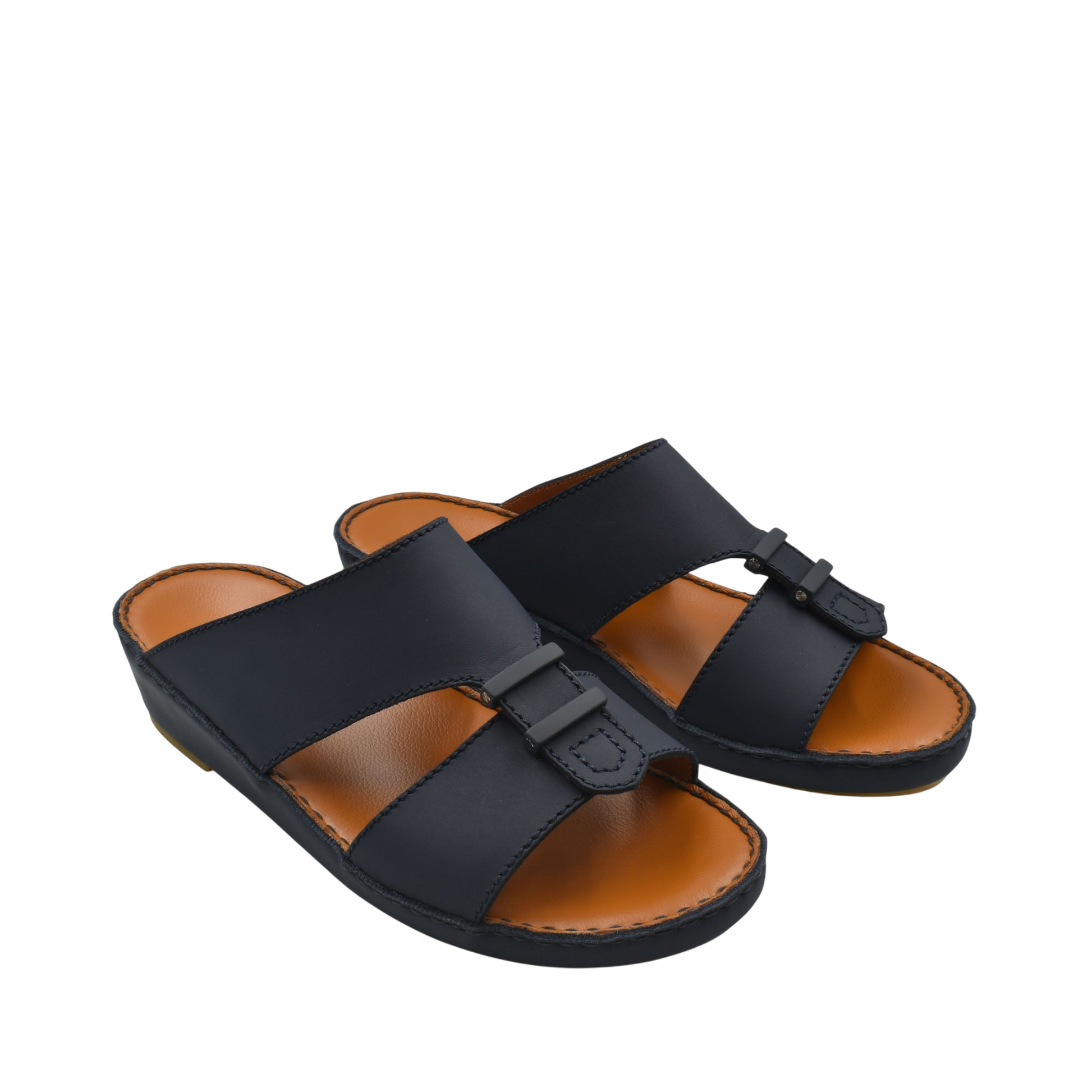 Black comfortable rubber sandals with adjustable strap and cushioned brown footbed