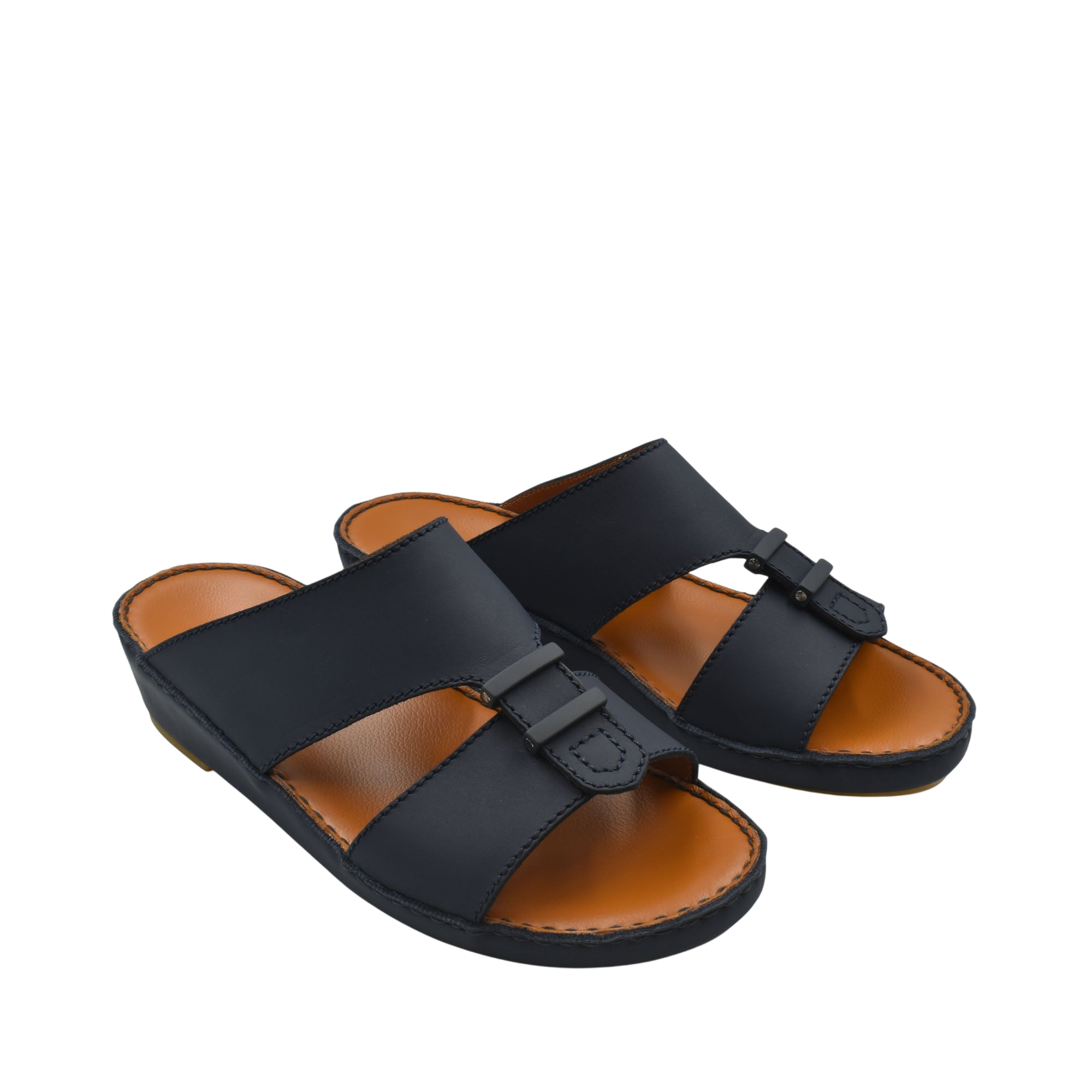 Black comfortable rubber sandals with adjustable strap and cushioned brown footbed