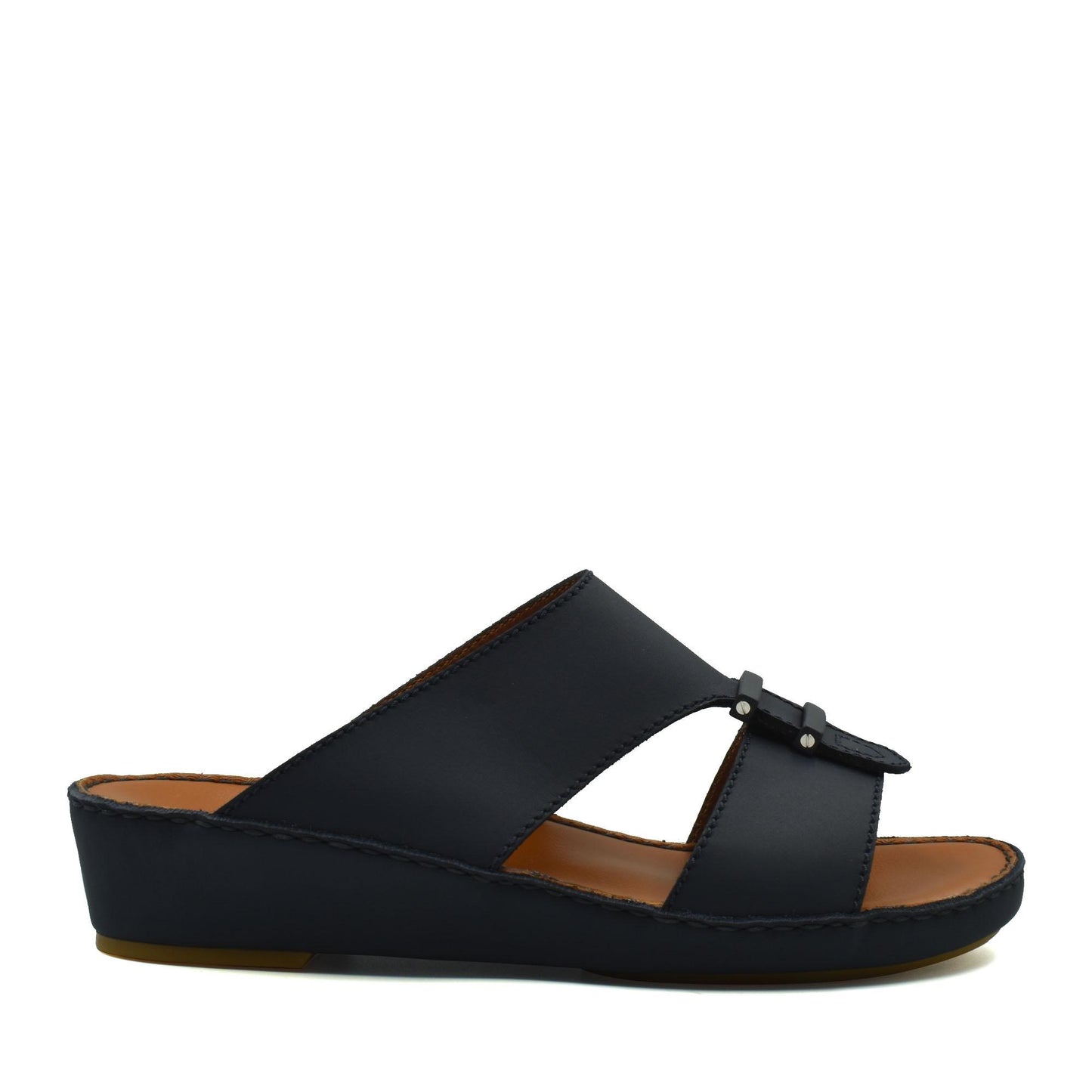 Black comfortable rubber sandals with a low wedge heel and open toe design