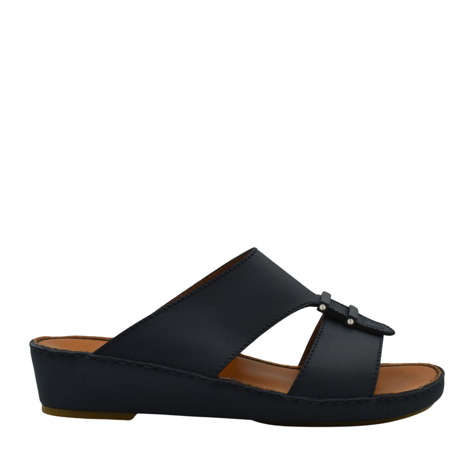 Black comfortable rubber sandals with a low wedge heel and open toe design