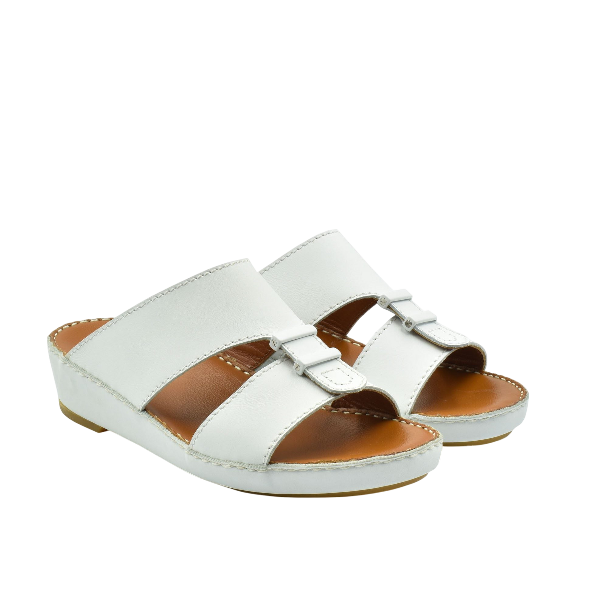White comfortable rubber sandals with adjustable straps and cushioned brown footbed for casual wear