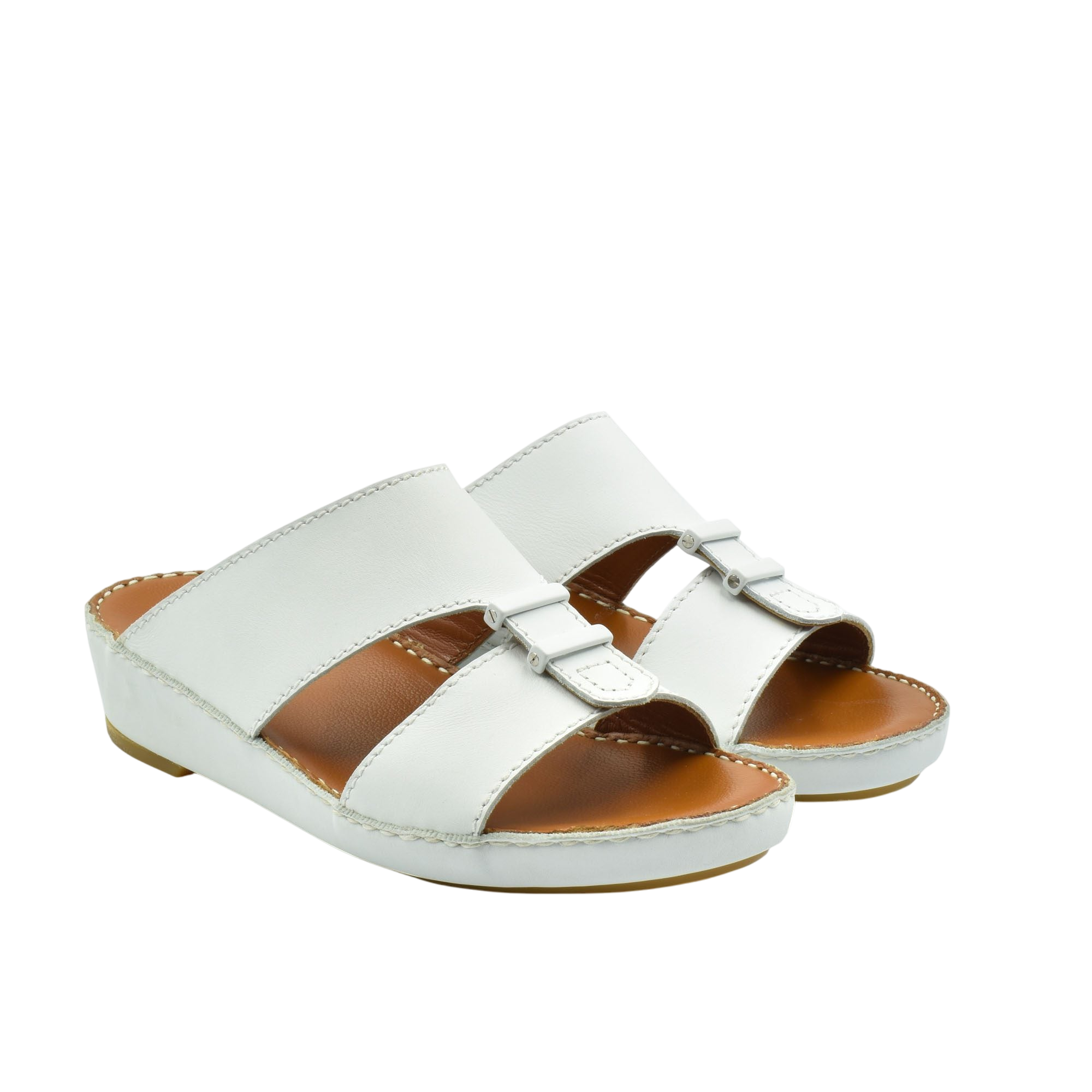 White comfortable rubber sandals with adjustable straps and cushioned brown footbed for casual wear
