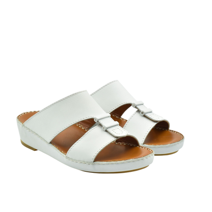 White comfortable rubber sandals with adjustable straps and cushioned brown footbed for casual wear