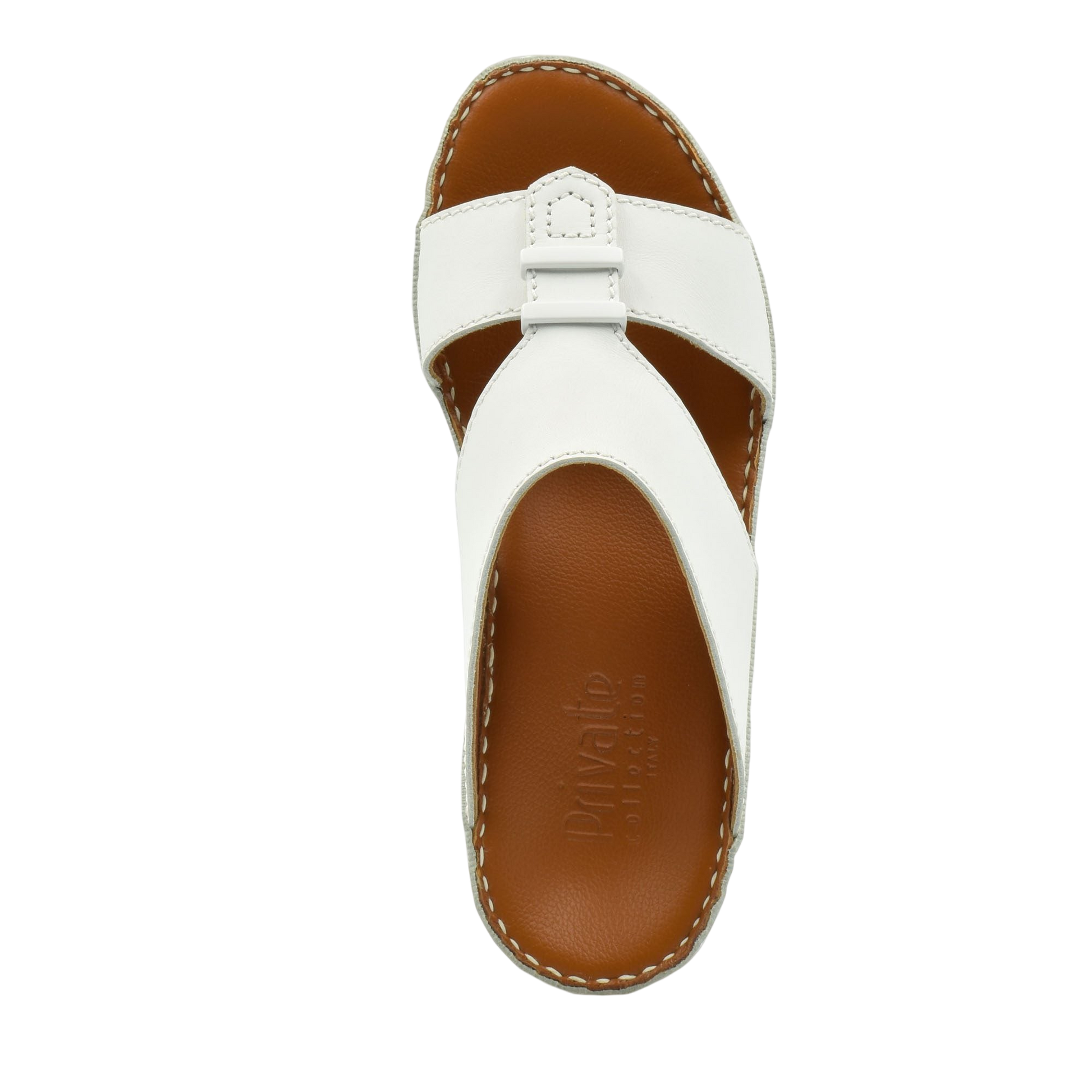 White comfortable rubber sandals with brown cushioned footbed and stitched edges