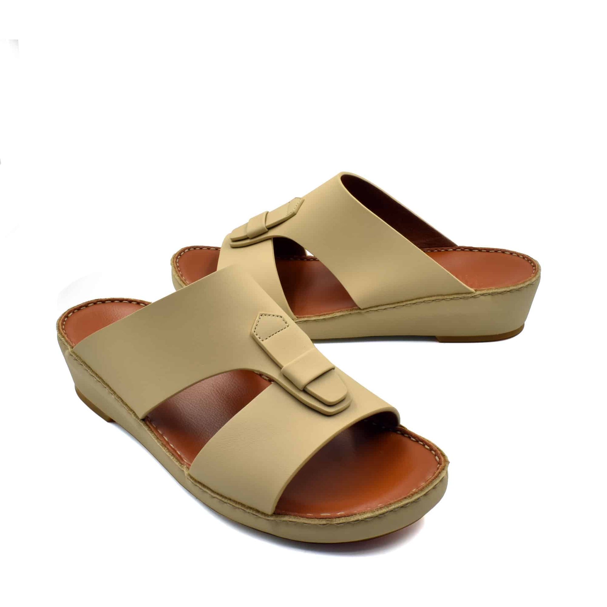 Beige comfortable rubber slides with a cushioned brown footbed and adjustable strap for casual wear