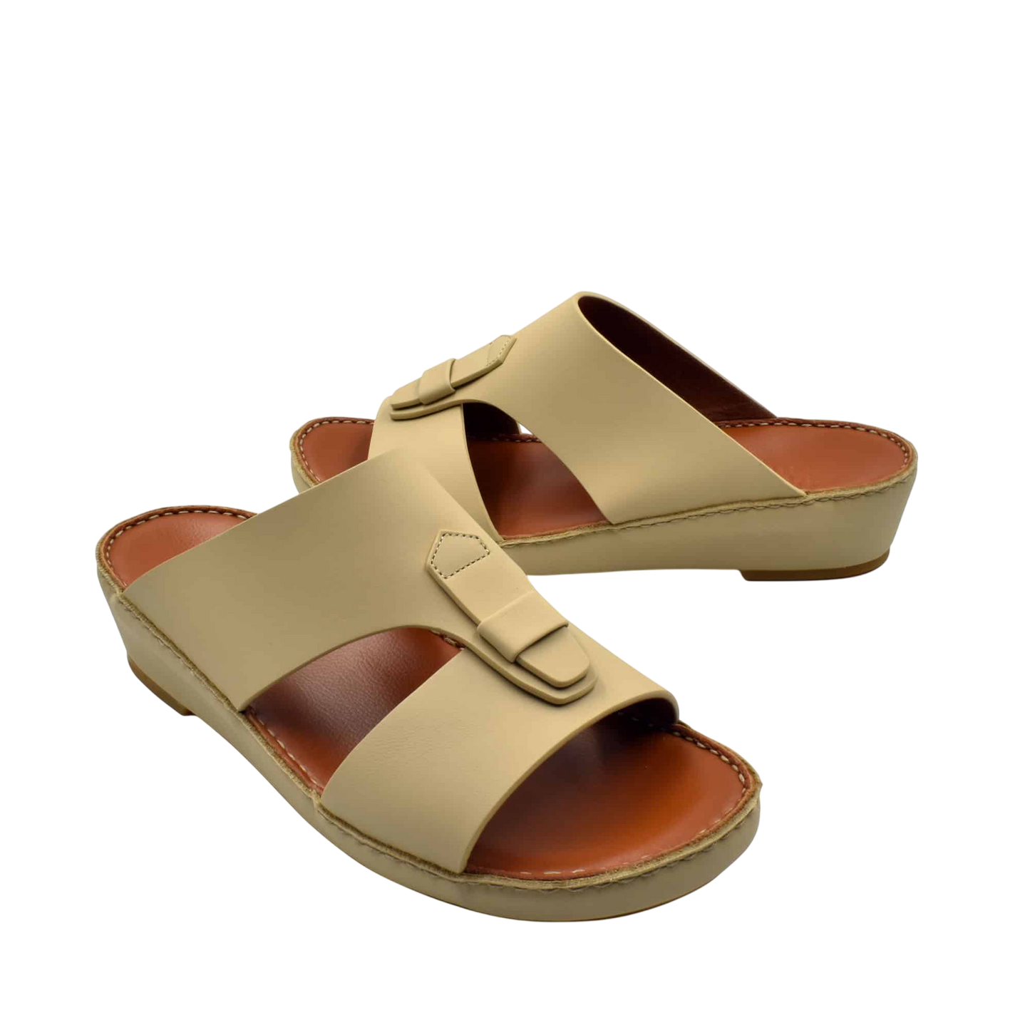 Beige comfortable rubber slides with a cushioned brown footbed and adjustable strap for casual wear