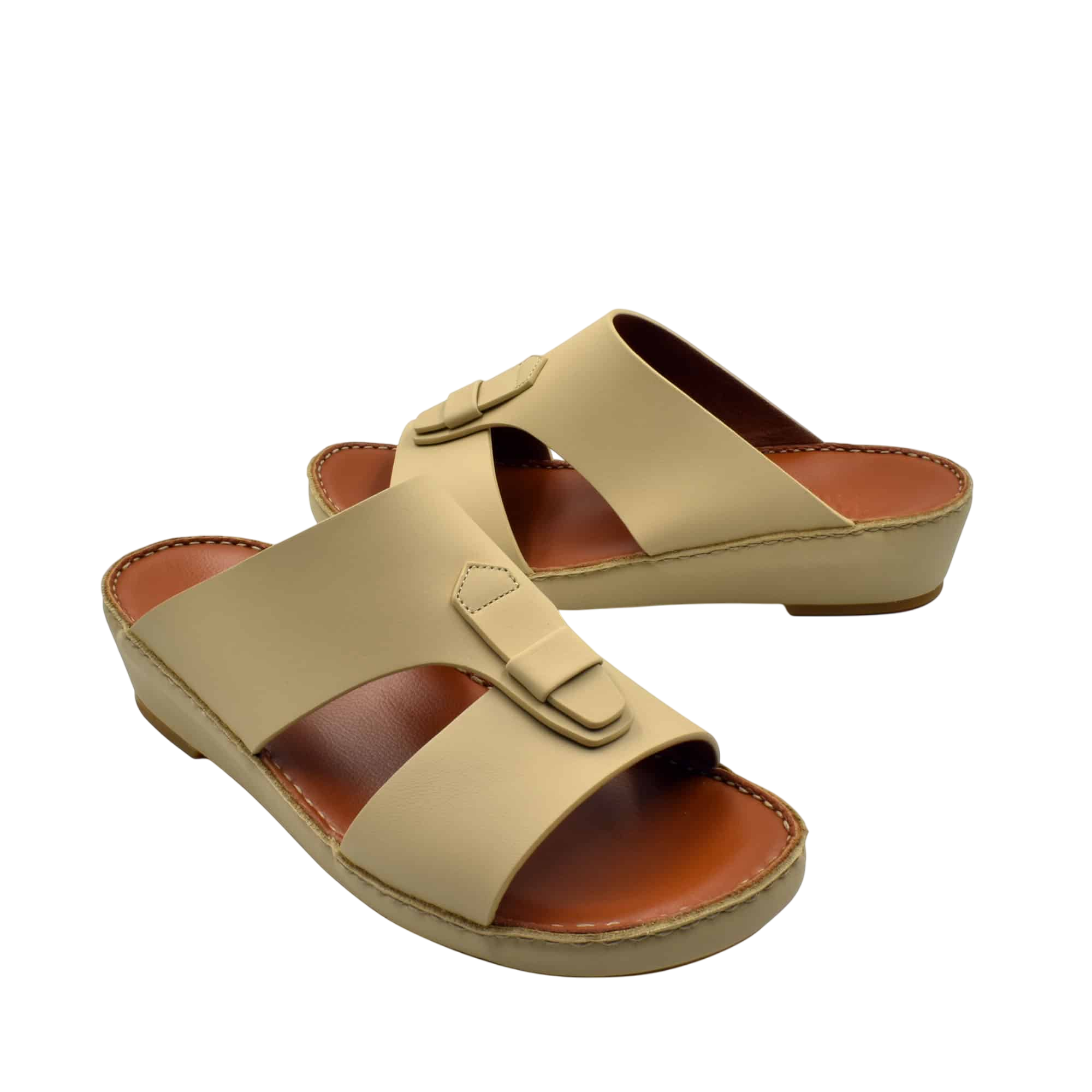 Beige comfortable rubber slides with a cushioned brown footbed and adjustable strap for casual wear