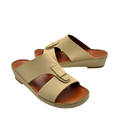 Beige comfortable rubber slides with a cushioned brown footbed and adjustable strap for casual wear