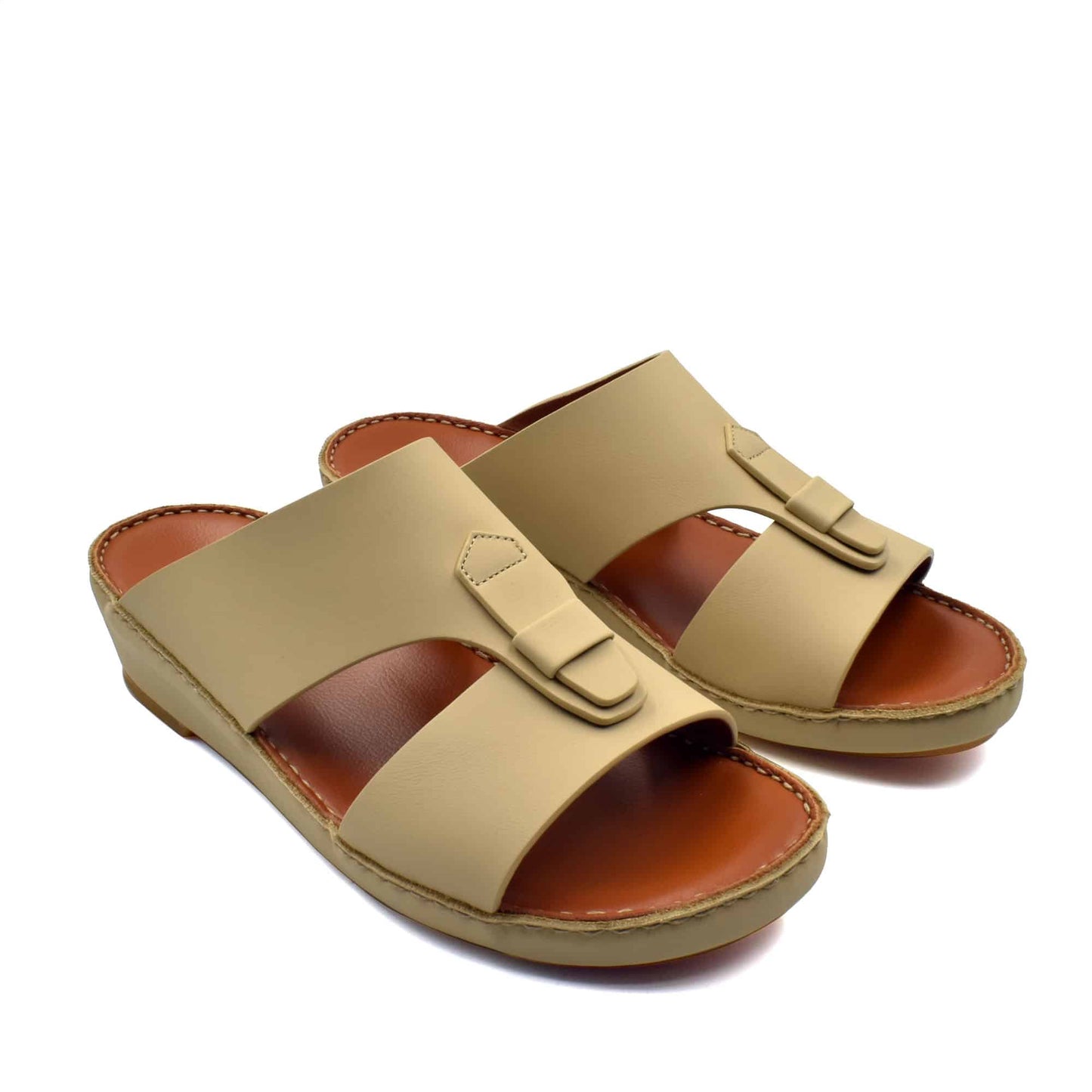 Beige comfortable rubber slides with open toe and cushioned brown insole for easy wear