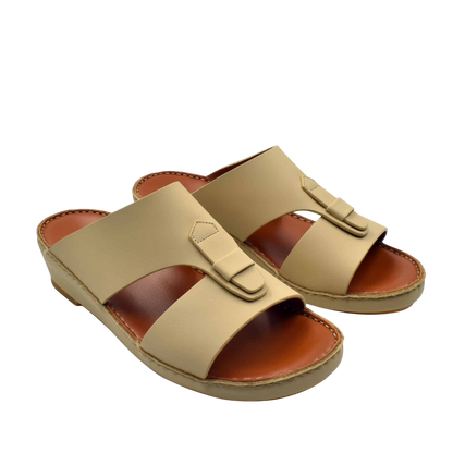Beige comfortable rubber slides with open toe and cushioned brown insole for easy wear