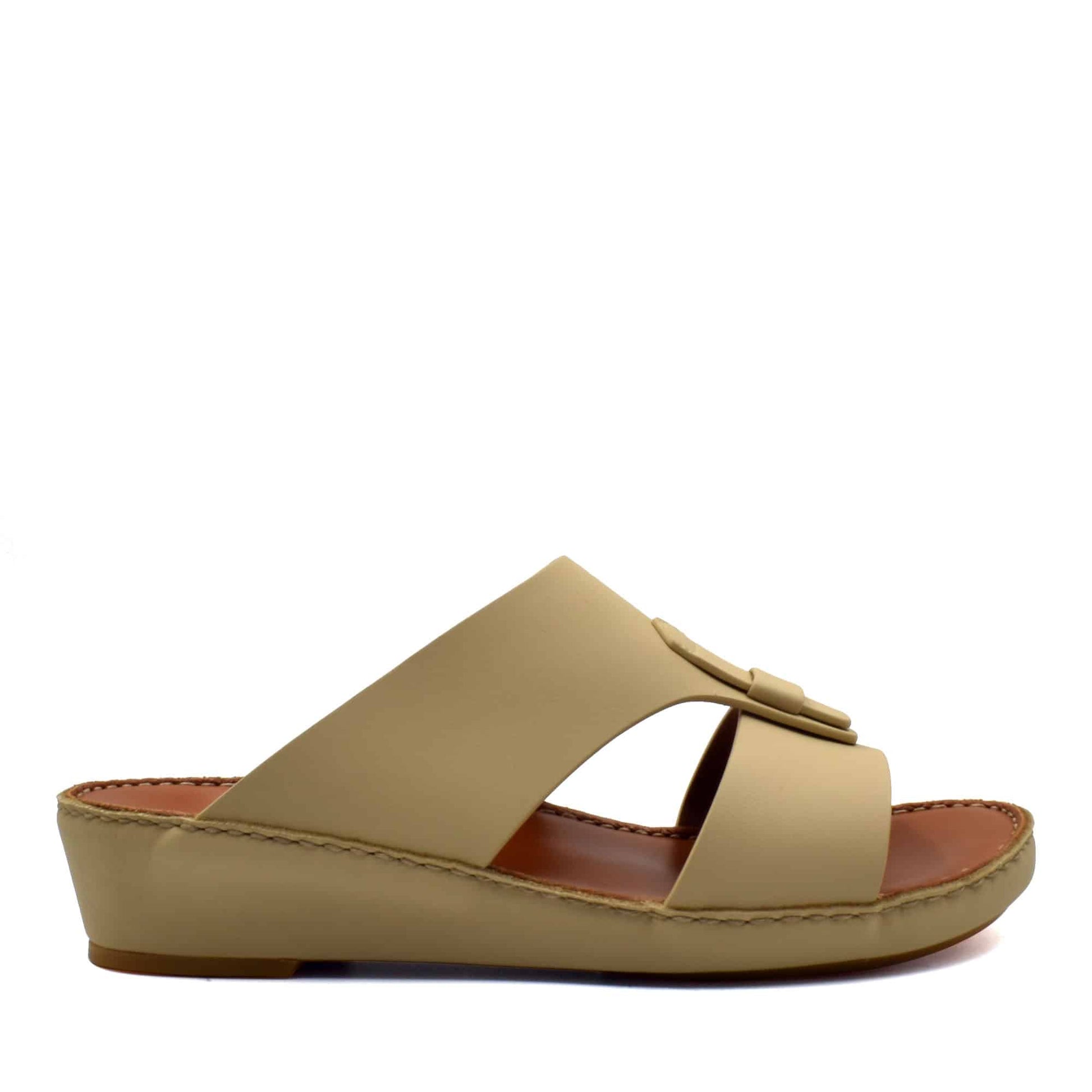 Beige comfortable rubber slides with wide straps and cushioned sole for casual wear